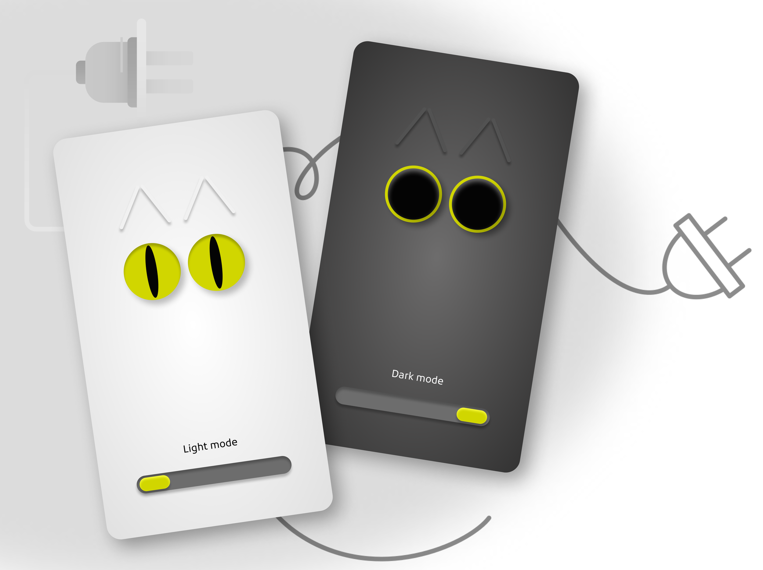 Two mobile devices in dark and light modes with cartoonish yellow cat eyes and smiling eyebrows, placed over a gray background with electrical plugs and cords.