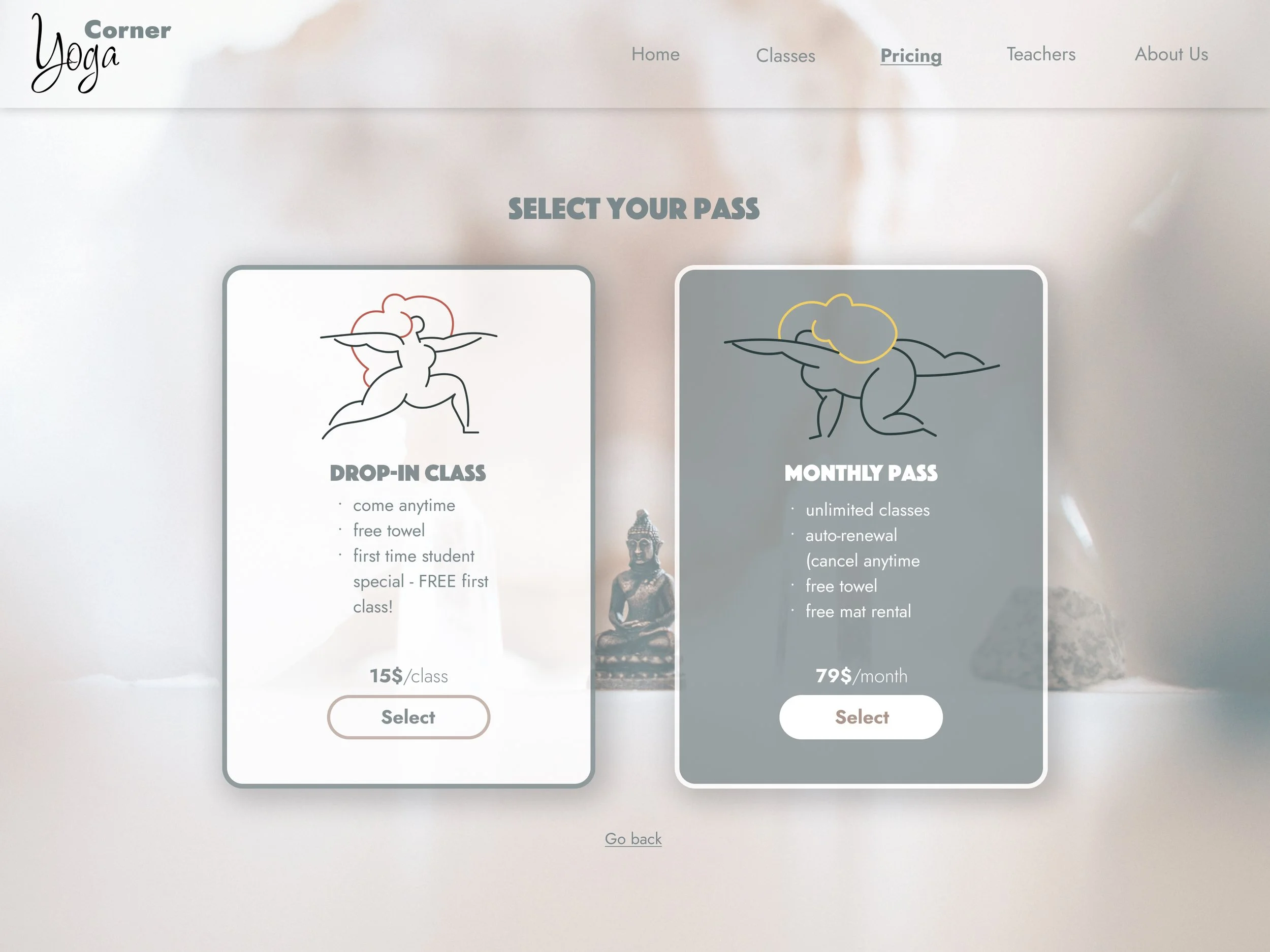 Yoga studio website page showing pricing options with two passes: a drop-in class and a monthly pass, each with details and select buttons.