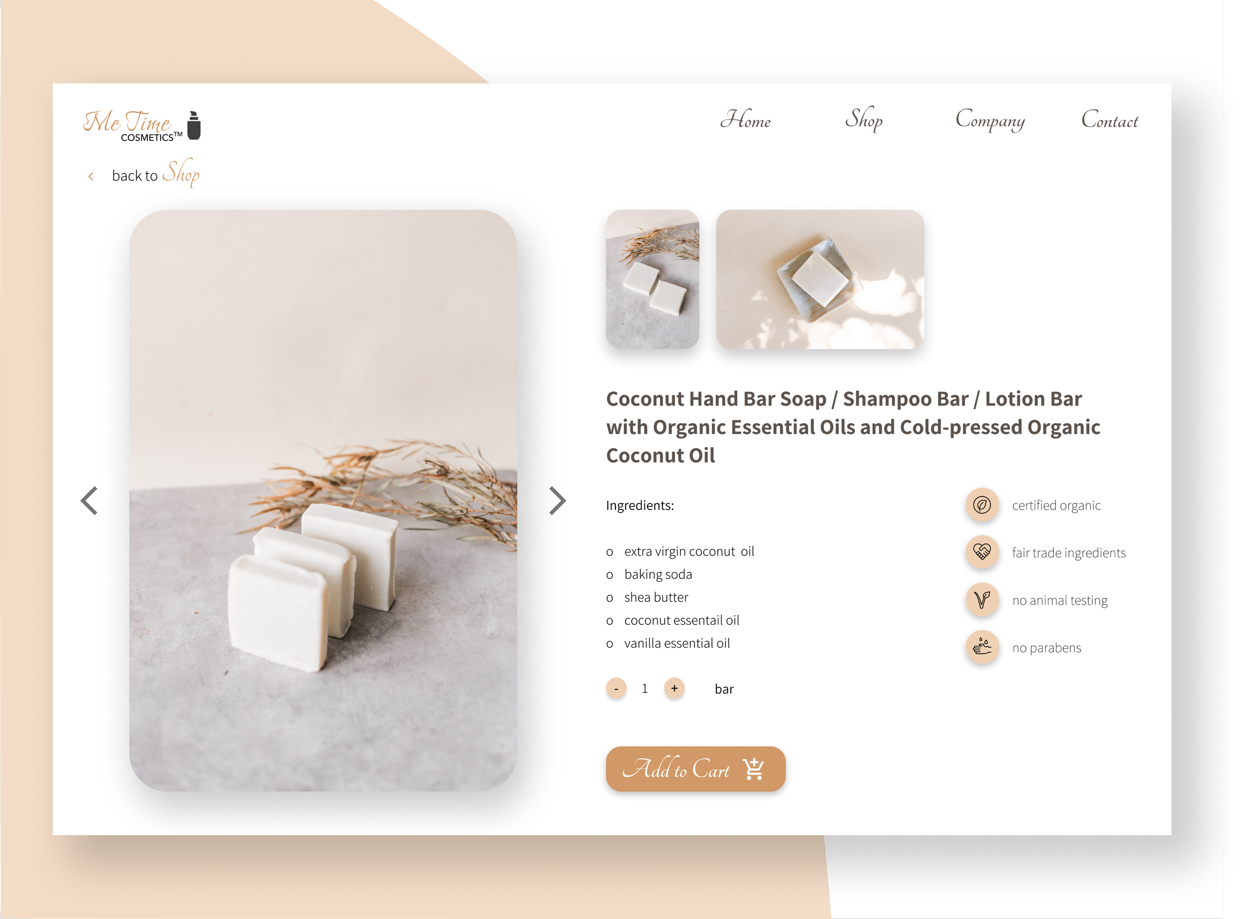 Product page for coconut hand bar soap, showing large photo of three white soap bars stacked on a gray surface with dried plant nearby. Smaller images of soap bars at the top. Descriptive text and ingredients listed below, with icons indicating organ