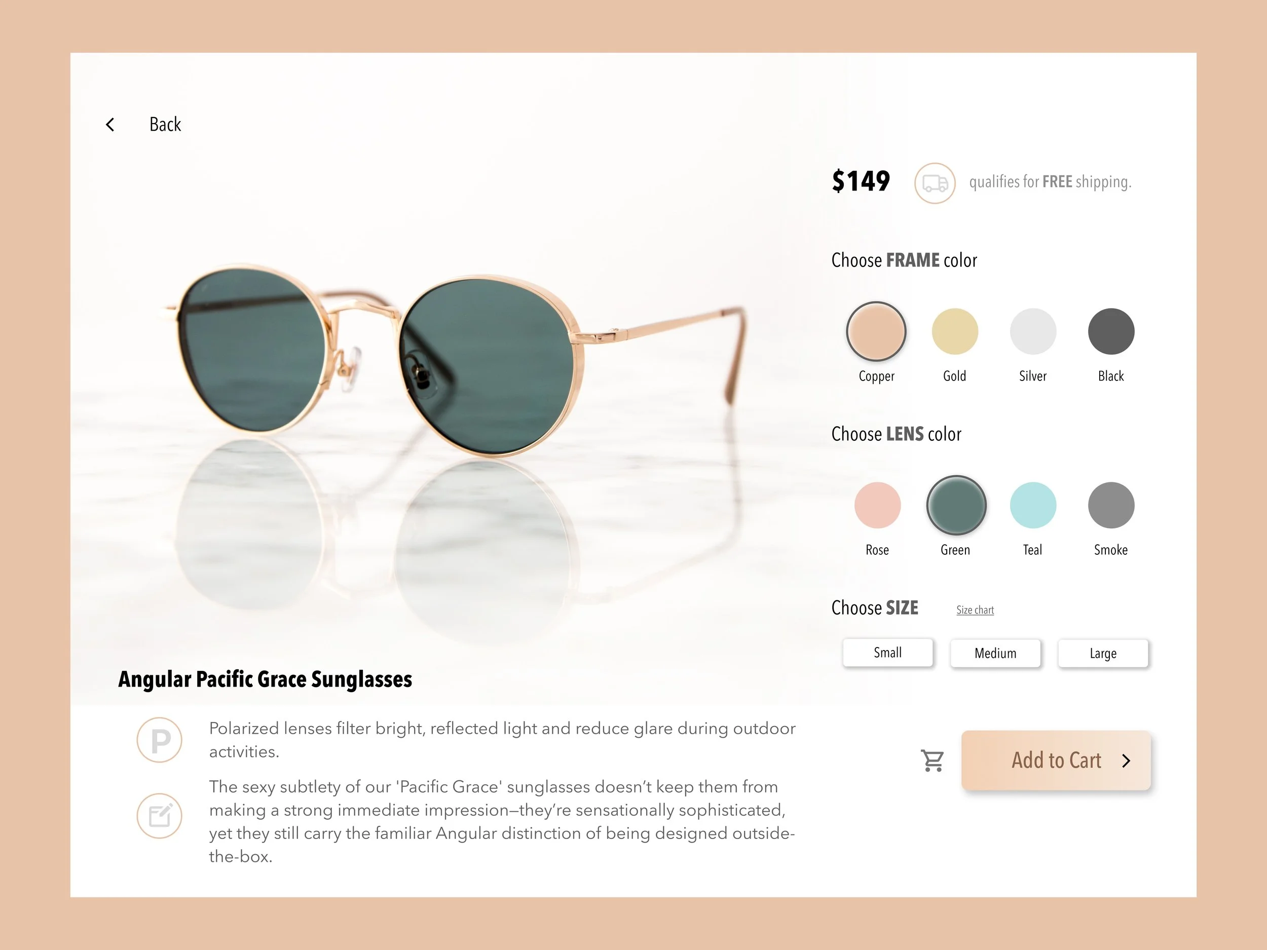 A pair of round sunglasses with dark lenses and a rose gold frame on a white surface, shown on an online product page.
