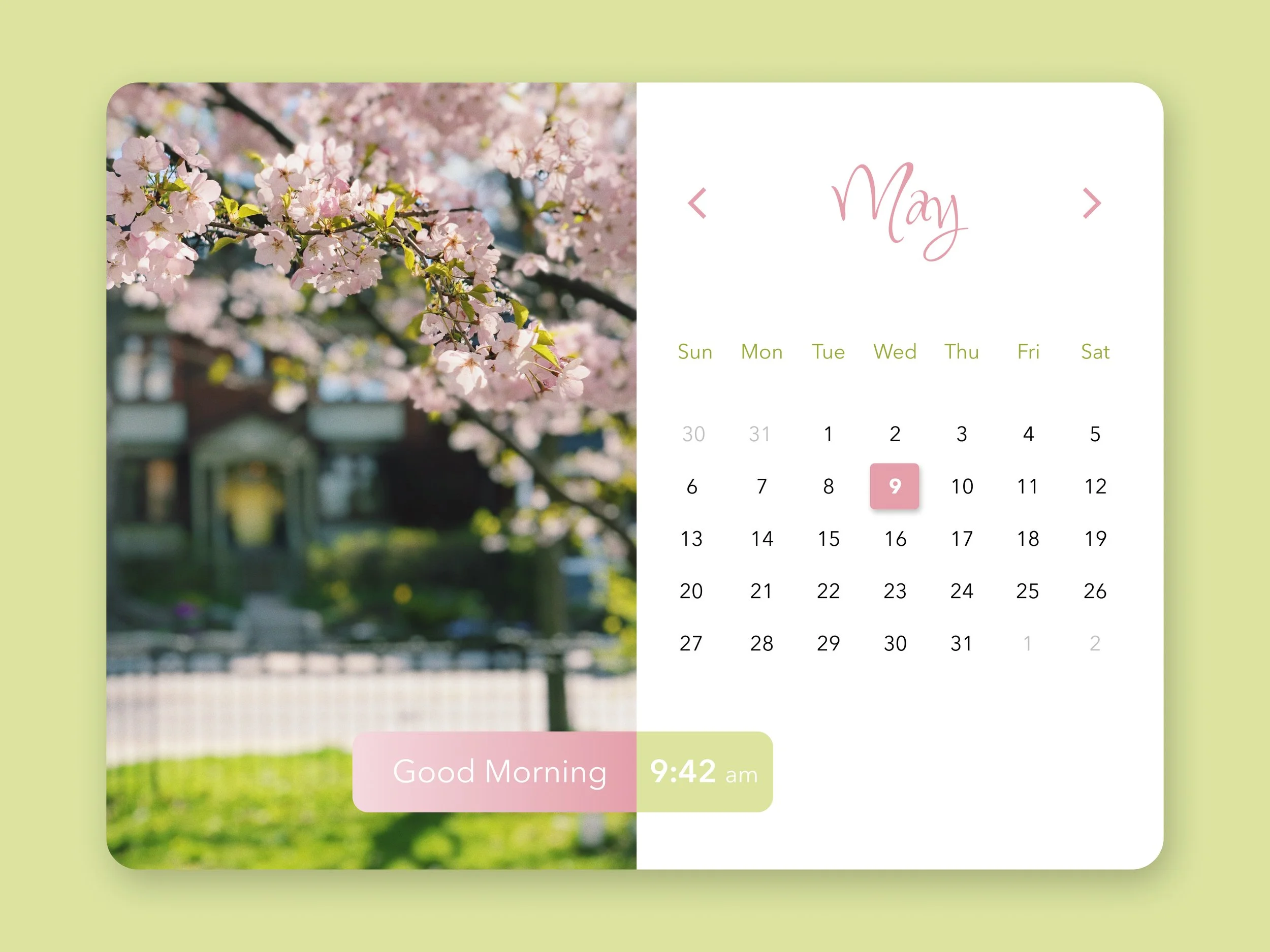 A digital calendar showing the month of May, highlighting the 9th. There is a background image of pink cherry blossom flowers on a tree branch and a blurry outdoor scene. A message at the bottom says 'Good Morning' with a time of 9:42 am.
