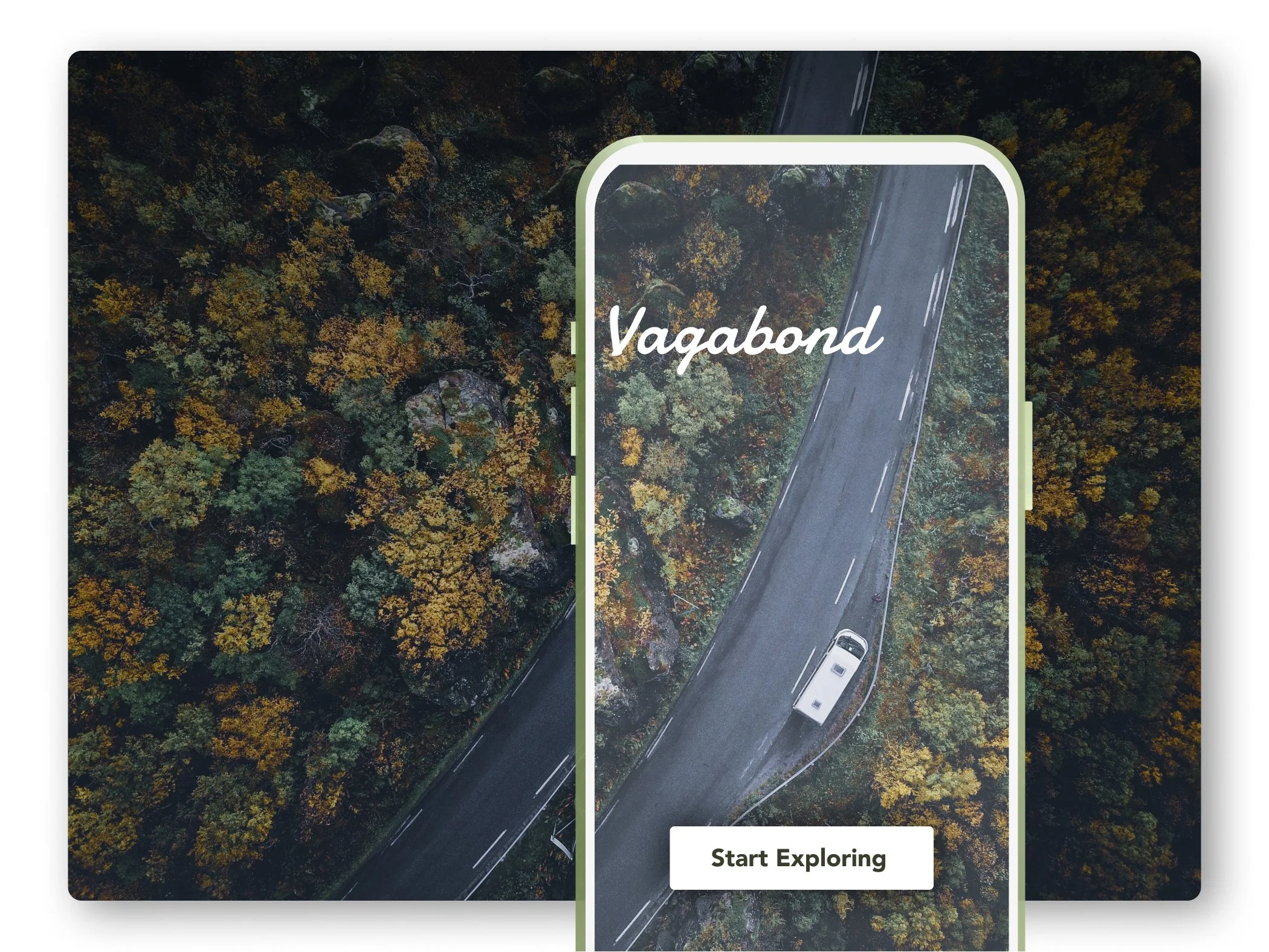 A landscape view of a winding mountain road surrounded by trees with autumn foliage, seen through a smartphone interface with the text 'Vagabond' and a button labeled 'Start Exploring'.