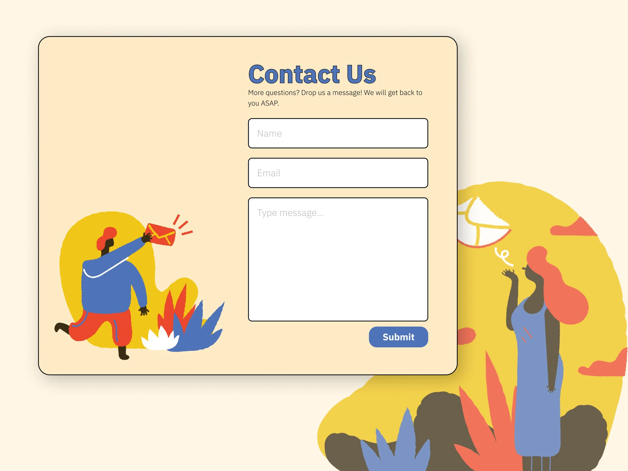 Contact form overlay with illustrations of a person running with a mail envelope near a fire and a woman in a dress waving.