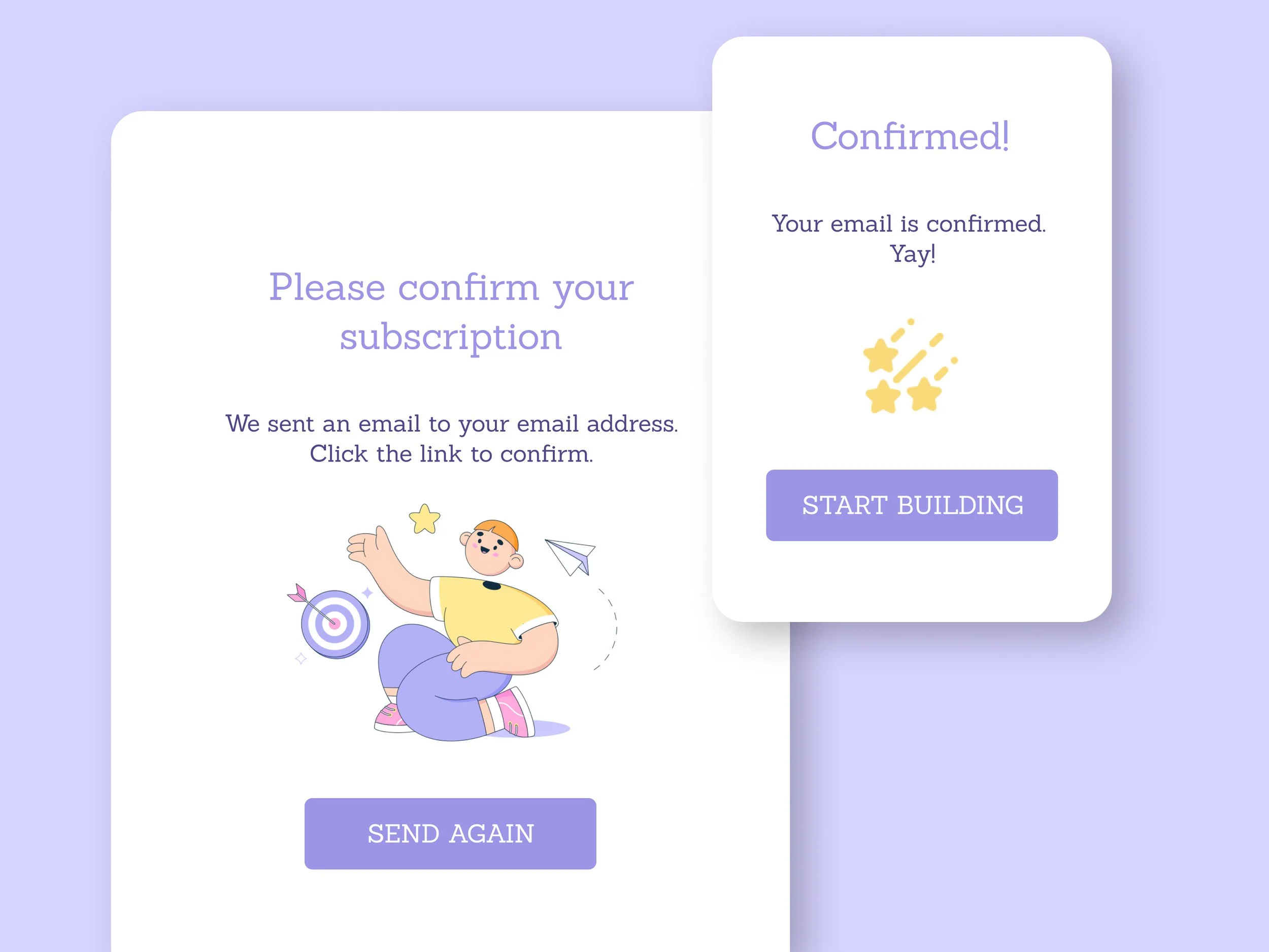 Confirmation message screen for email subscription with a cartoon boy and stars illustration, and a purple 'Send Again' button.