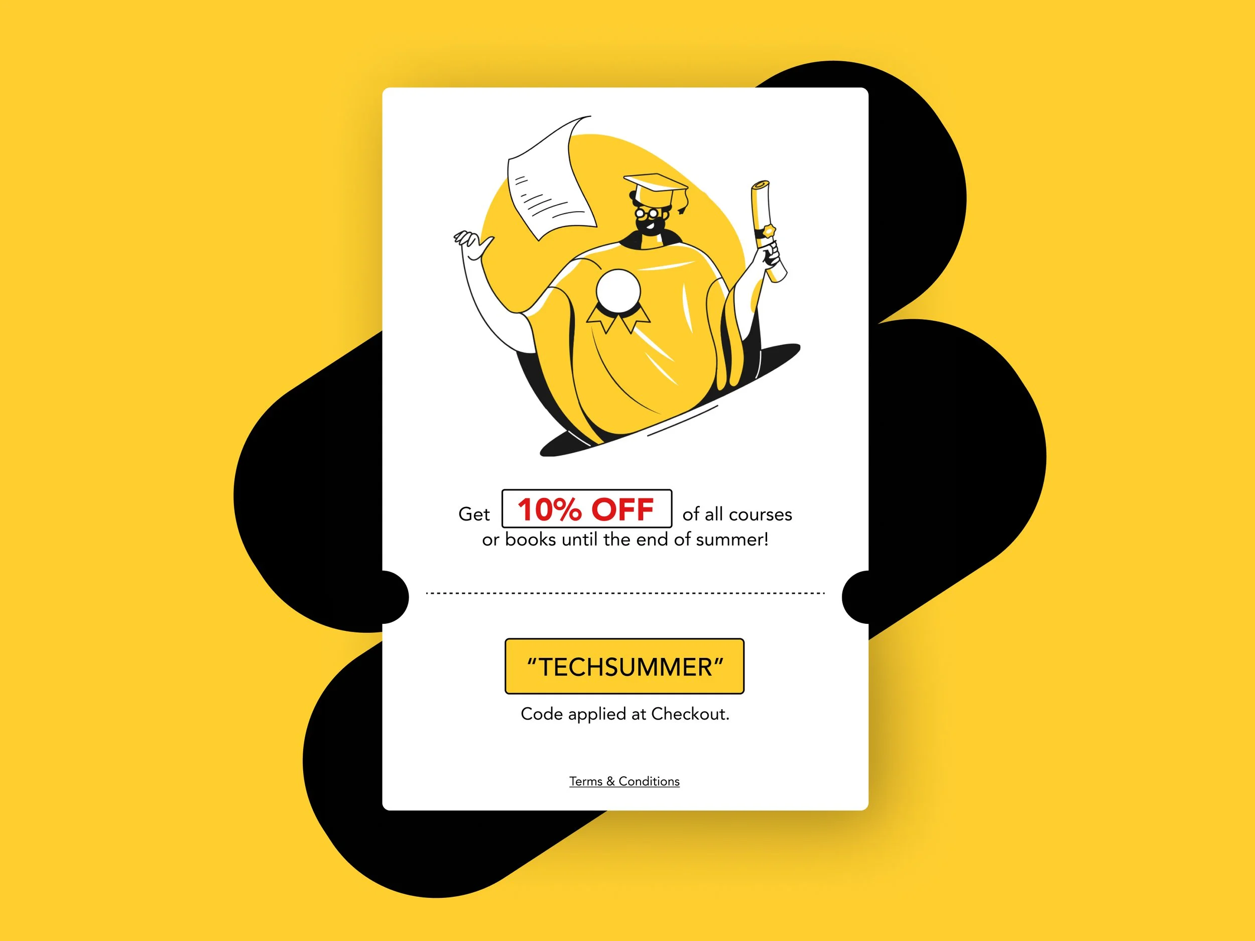 A promotional graphic featuring a cartoon illustration of a scholar with a graduation cap, glasses, and a beard, holding a diploma and a paper. The background is yellow, with a black shadow. The text says 'Get 10% OFF' on all courses or books until t