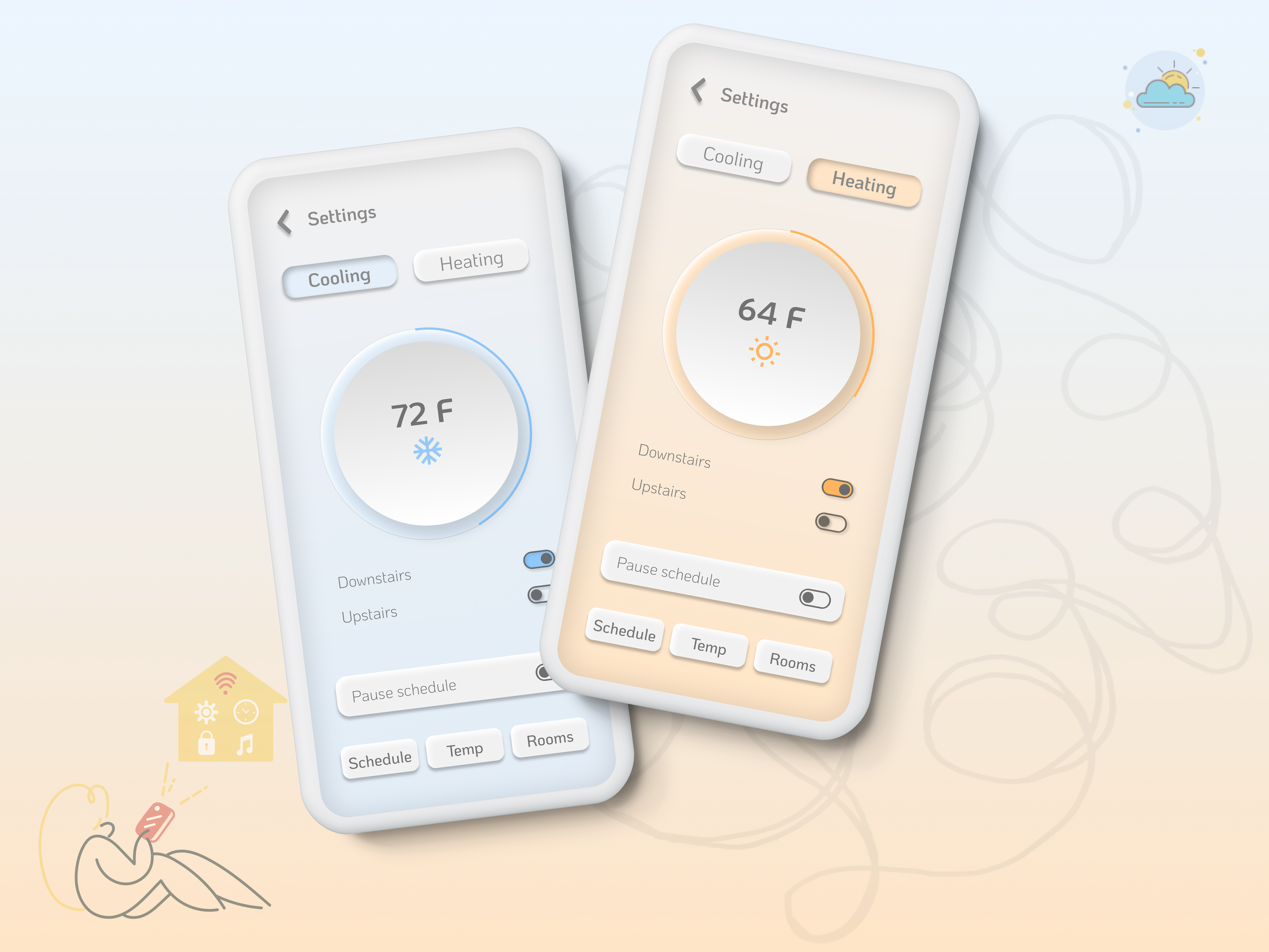Screenshots of a smart thermostat app displaying cooling and heating settings in a modern, minimalistic design with temperature controls, schedule options, and room-specific adjustments.