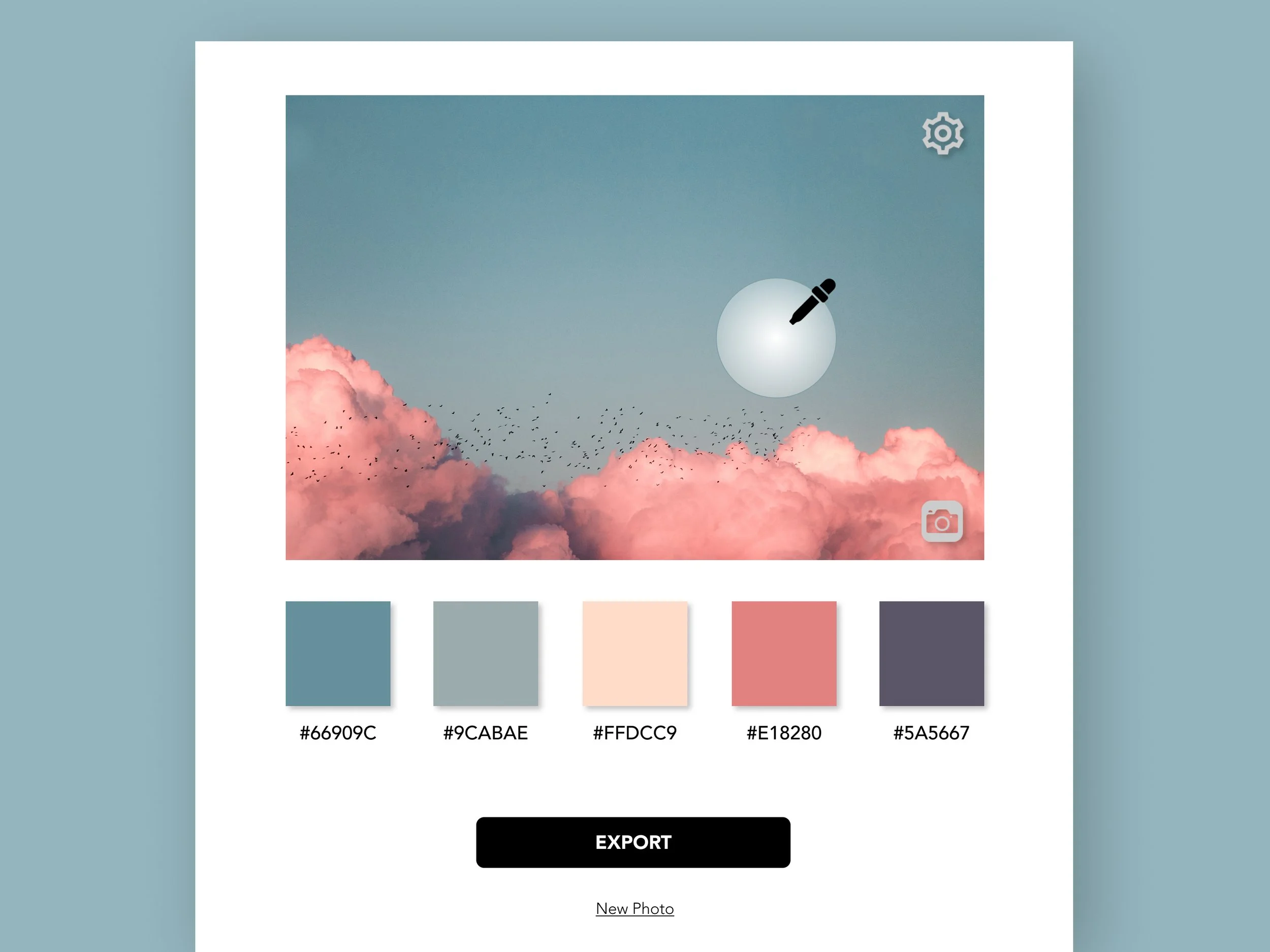 A digital photo editing interface with a sky scene featuring pink clouds, a flock of birds, and a white circle with a black dropdown marker. Color palette swatches and hex codes are displayed below, along with an 'Export' button and options to add a 