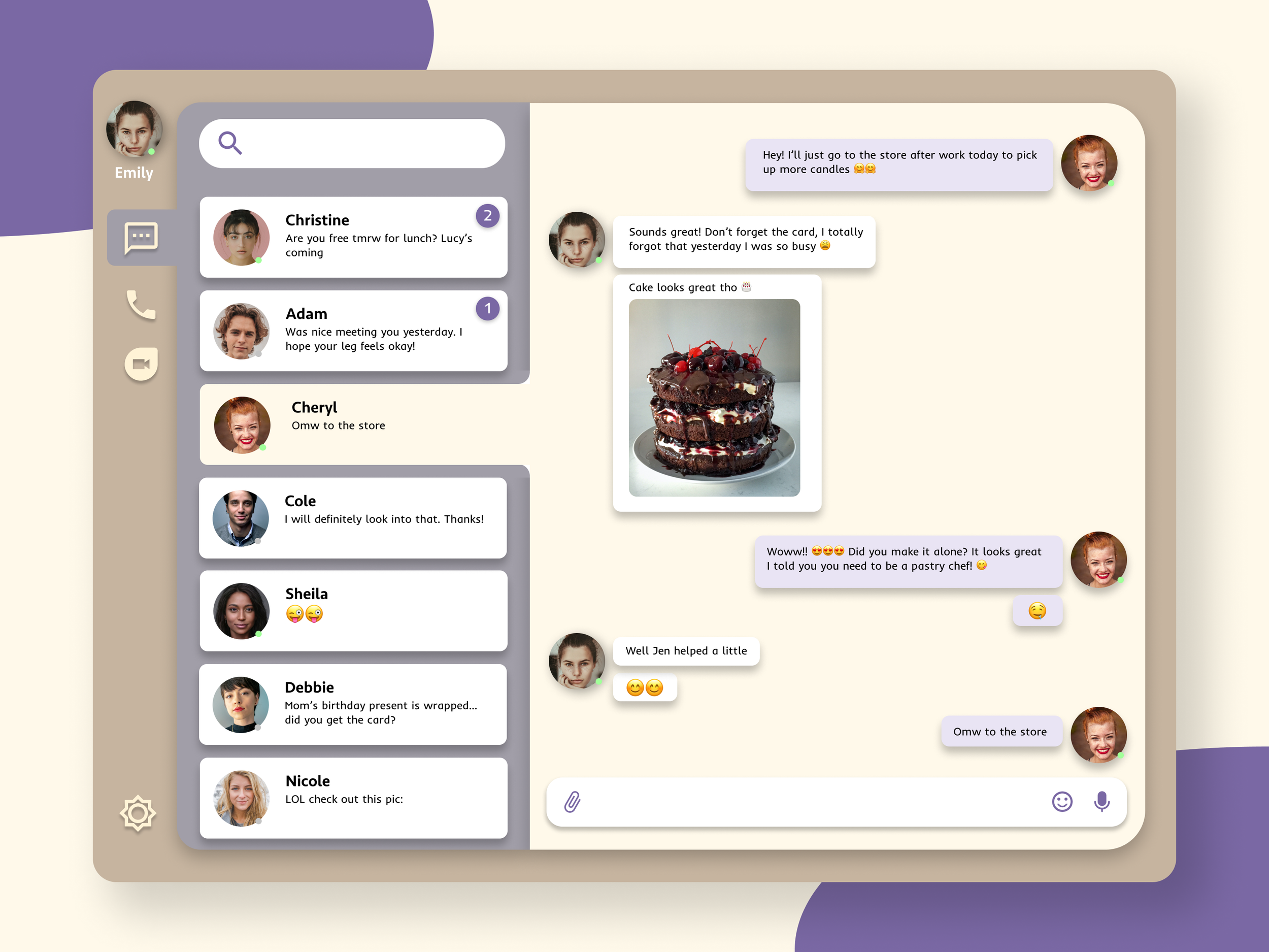 Digital chat application interface with a conversation about a chocolate birthday cake topped with cherries and berries, and various user profile icons.