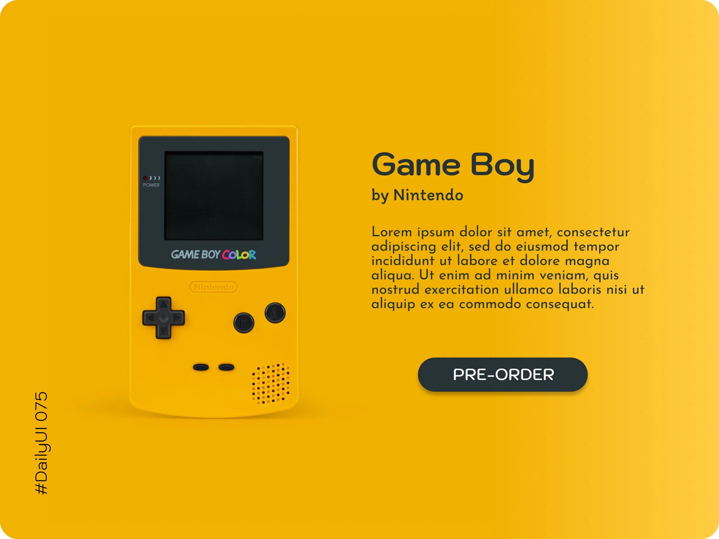 Yellow background advertising an old Nintendo Game Boy with colorful 'GAMe BOY COLOR' text, and a 'PRE-ORDER' button.