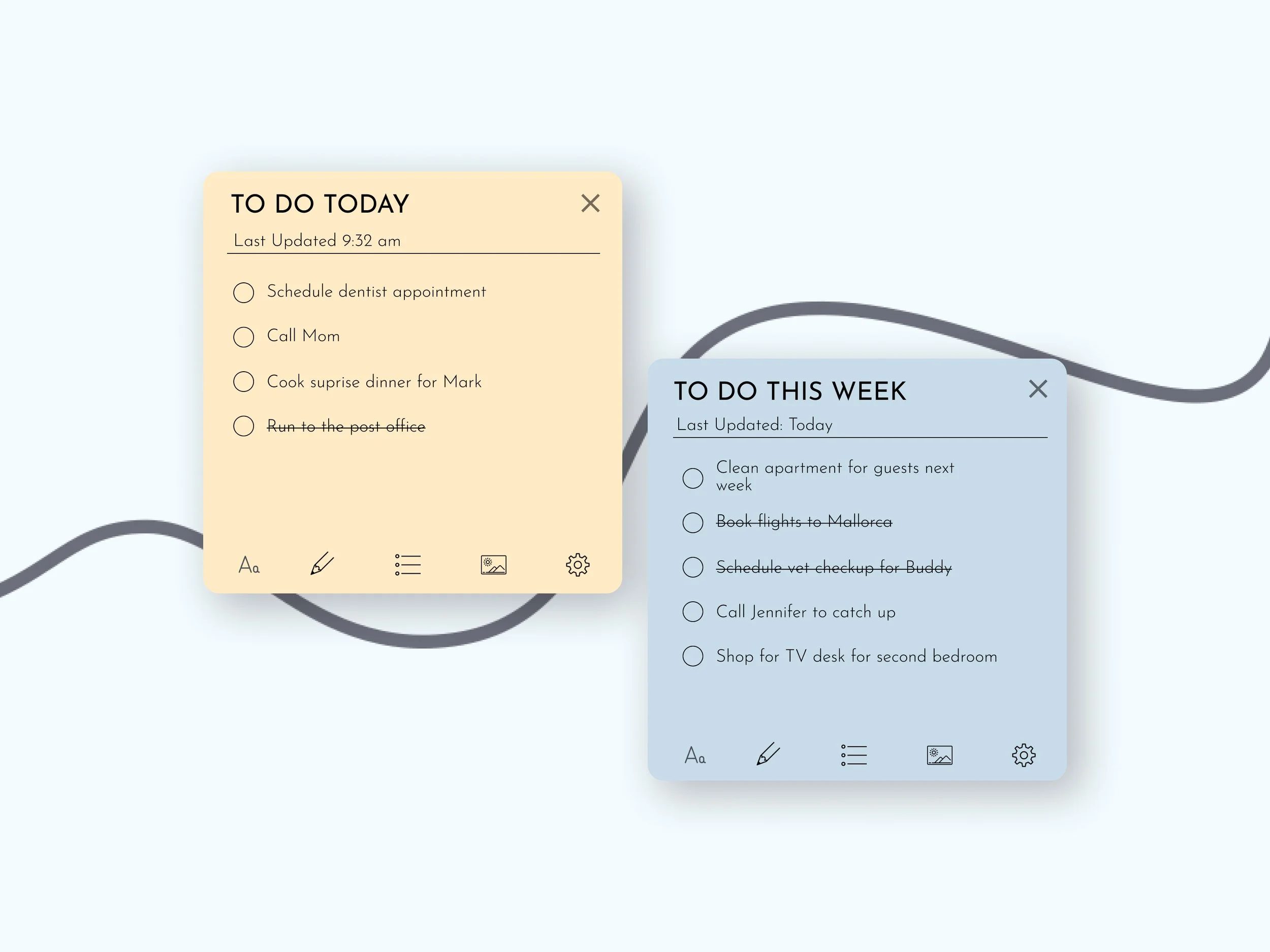 Digital to-do list with two sections, one titled 'TO DO TODAY' in beige and another 'TO DO THIS WEEK' in blue, displaying tasks with checkboxes, last update times, and icons at the bottom.