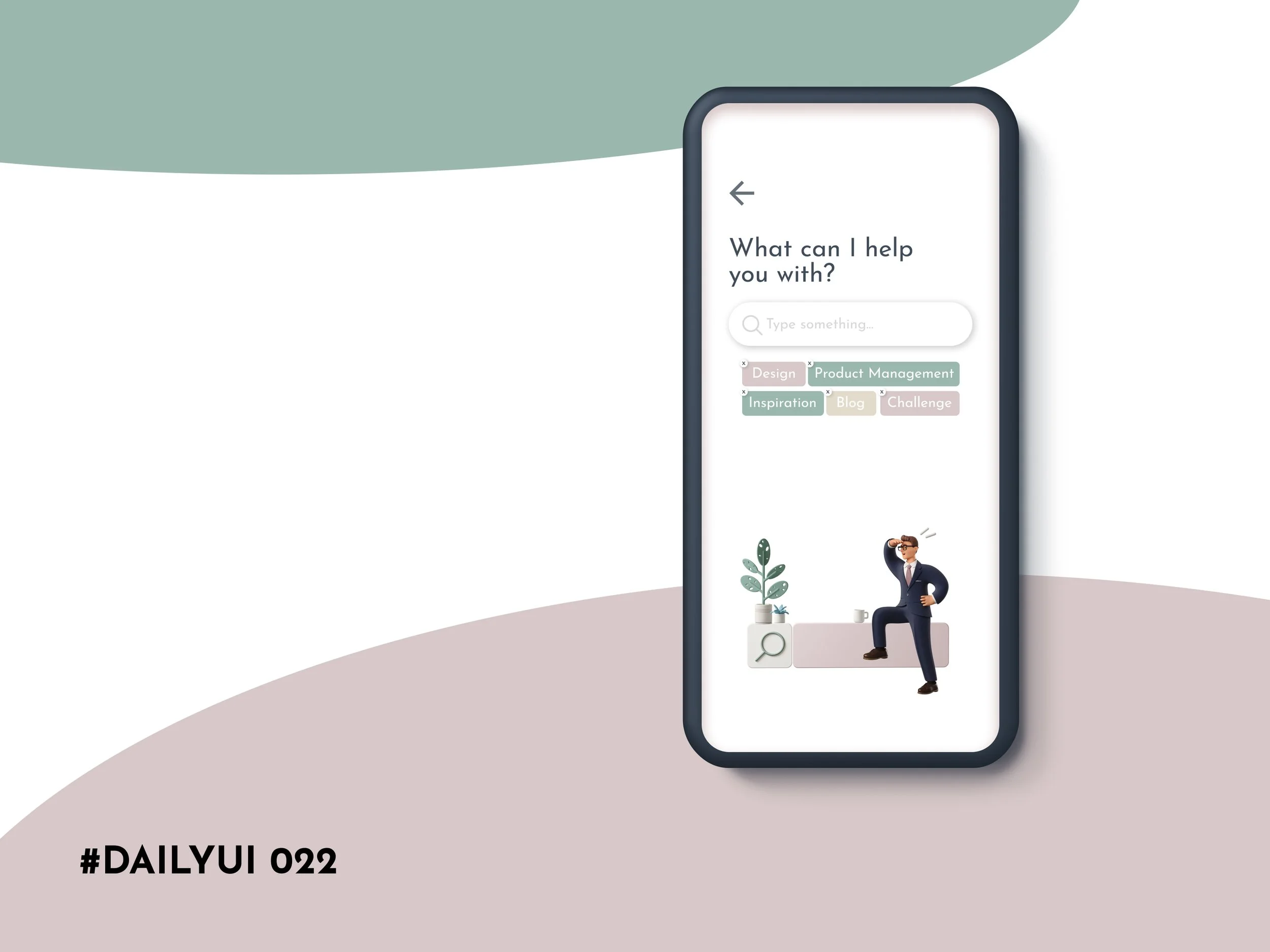 Smartphone screen showing a help chat interface with a list of topic tags and a cartoon man sitting on a pink block, holding his head in confusion, with a plant and magnifying glass icon below.