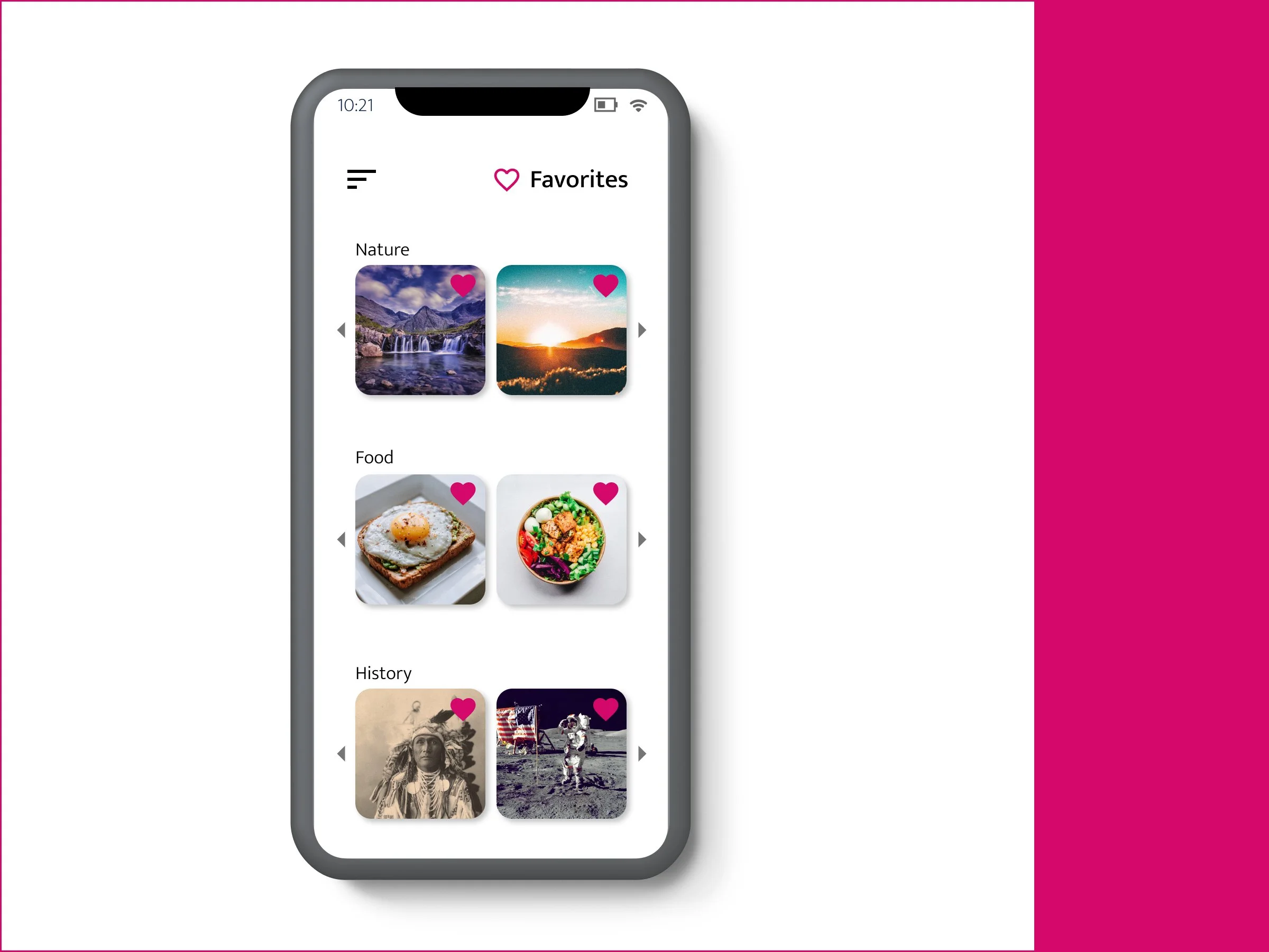 Smartphone screen displaying a favorites menu with categories for nature, food, and history, each containing two images, with pink heart icons indicating favorites.