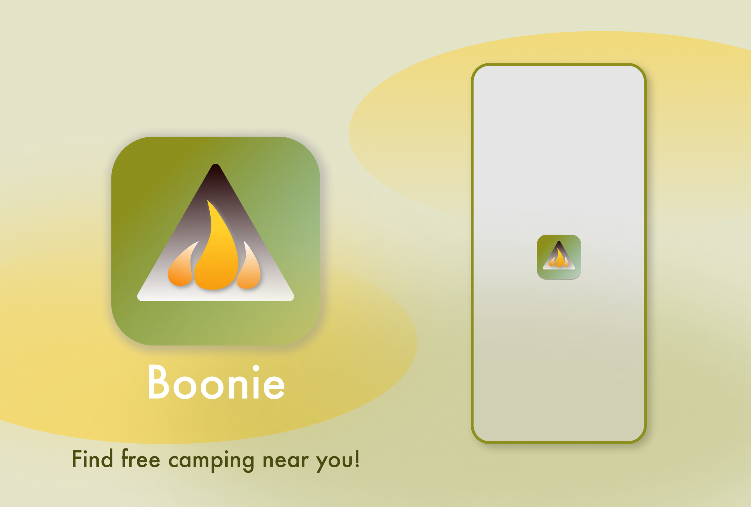 Boonie app icon with a camping fire symbol, a white triangle with a yellow and orange flame, next to a smartphone with the same icon, and the text 'Find free camping near you!'