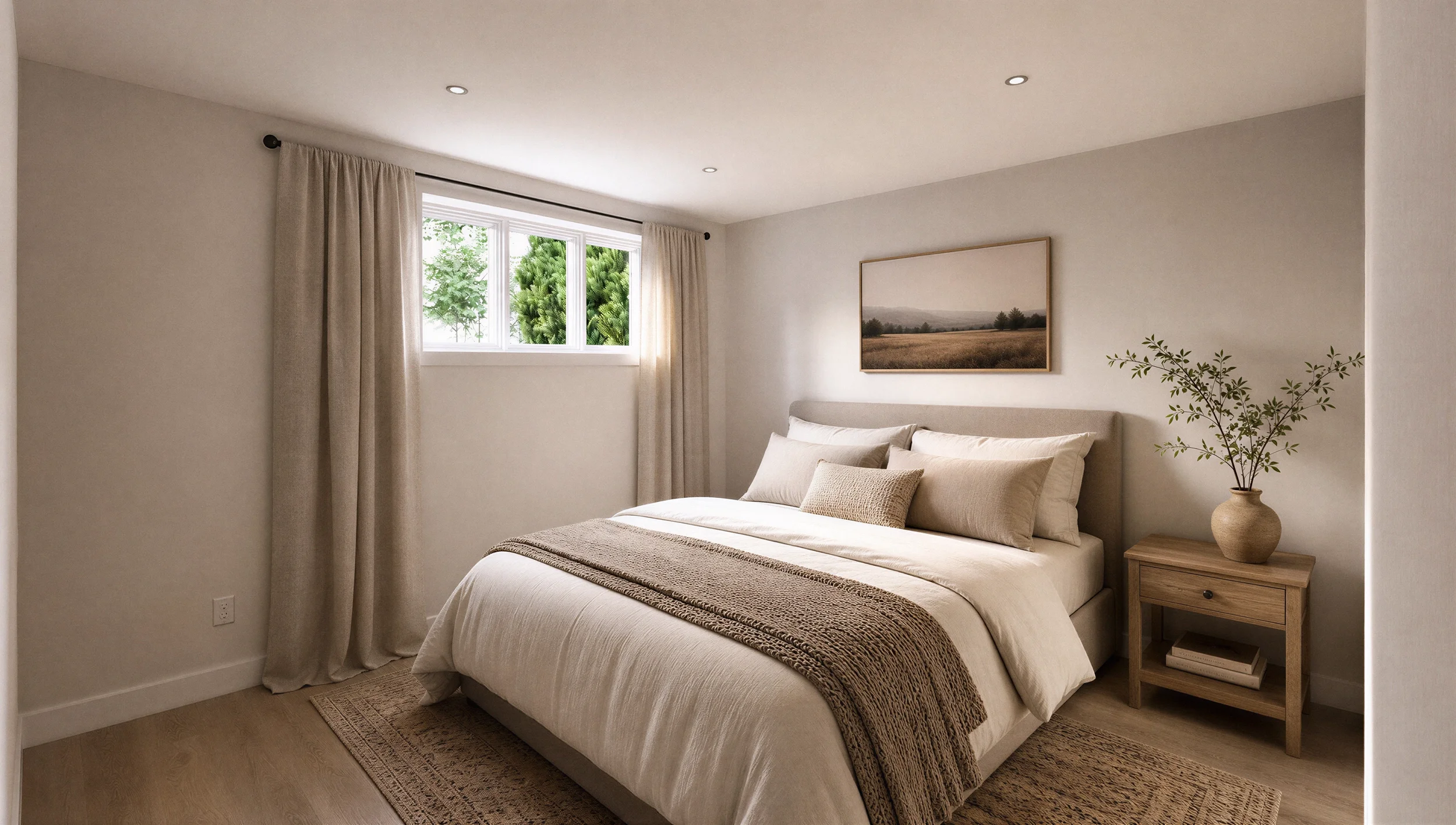 Chambre au sous-sol avec lit double, murs beige clair, rideaux pleine hauteur et décoration minimaliste.