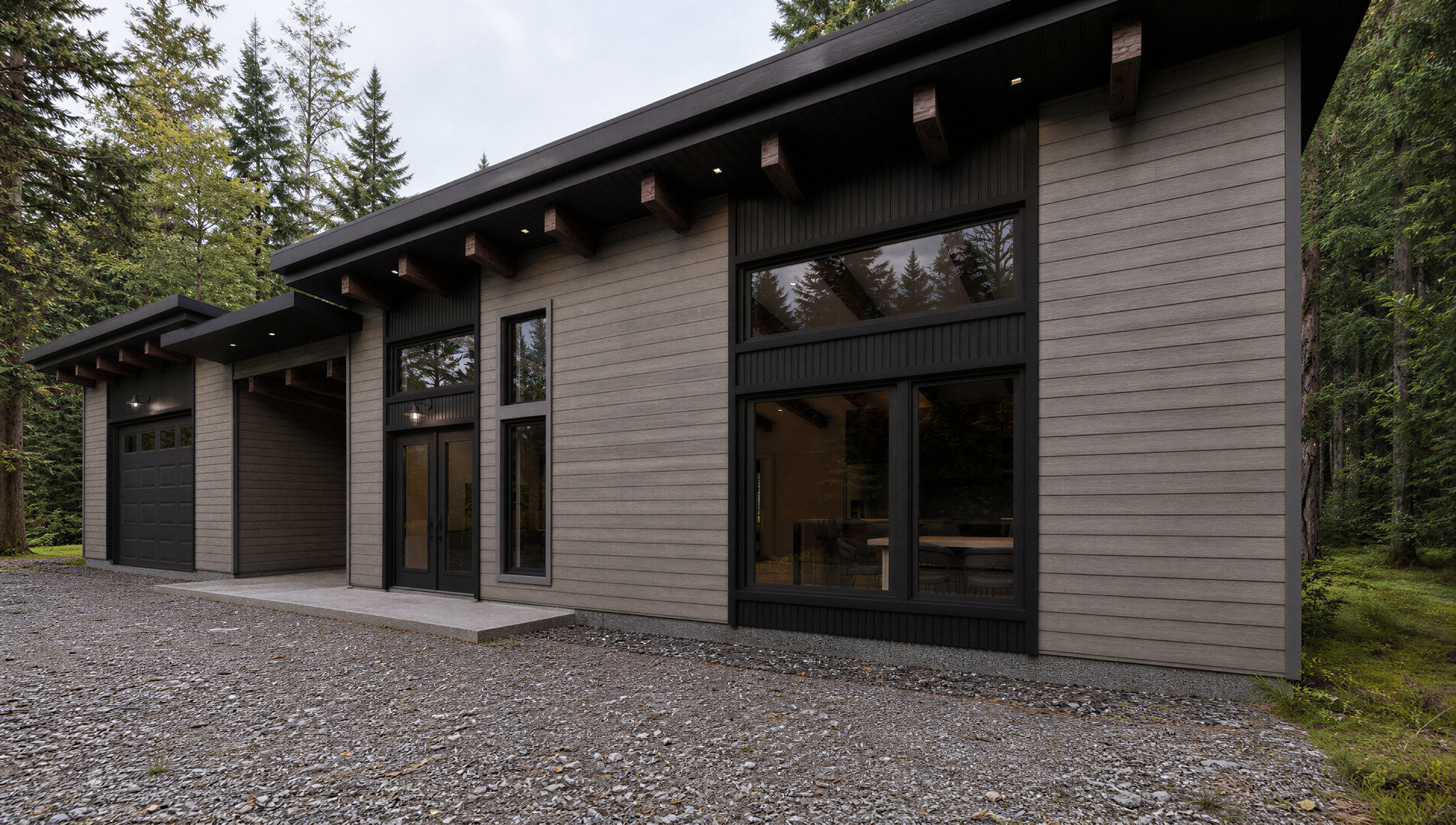 Détail de la façade du modèle A72DL avec revêtement gris, accents noirs et fenêtres avec impostes.