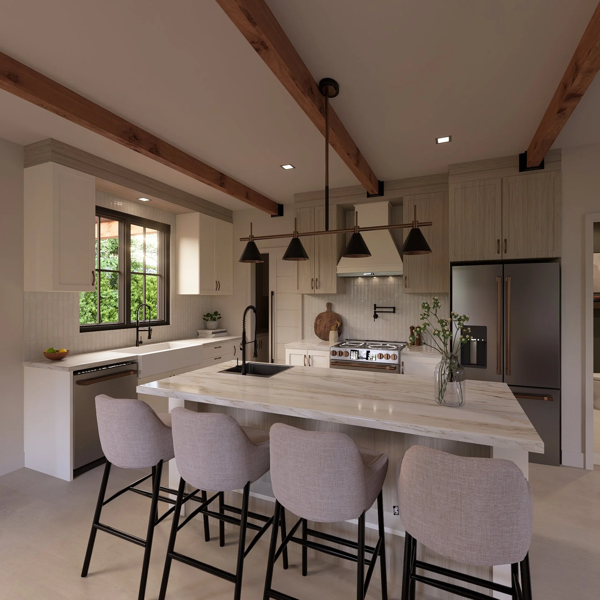 Intérieur moderne d'une cuisine ouverte avec coin repas, grandes fenêtres, et décoration naturelle avec plantes.