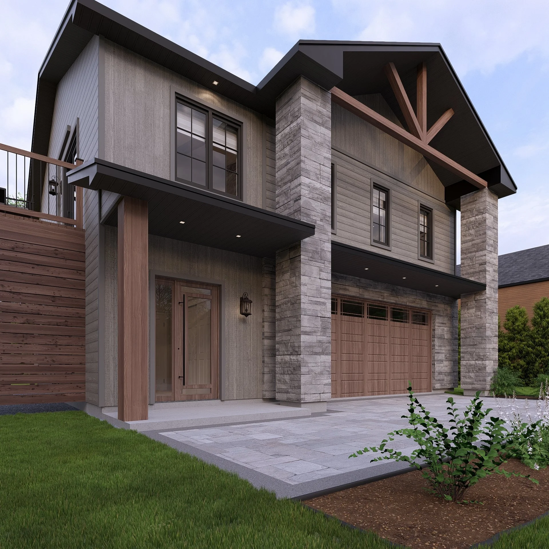 Maison résidentielle moderne à deux étages avec matériaux mixtes incluant brique grise, revêtement de bois et accents de pierre, avec entrée avant couverte, garage attenant à porte de style bois et aménagement paysager