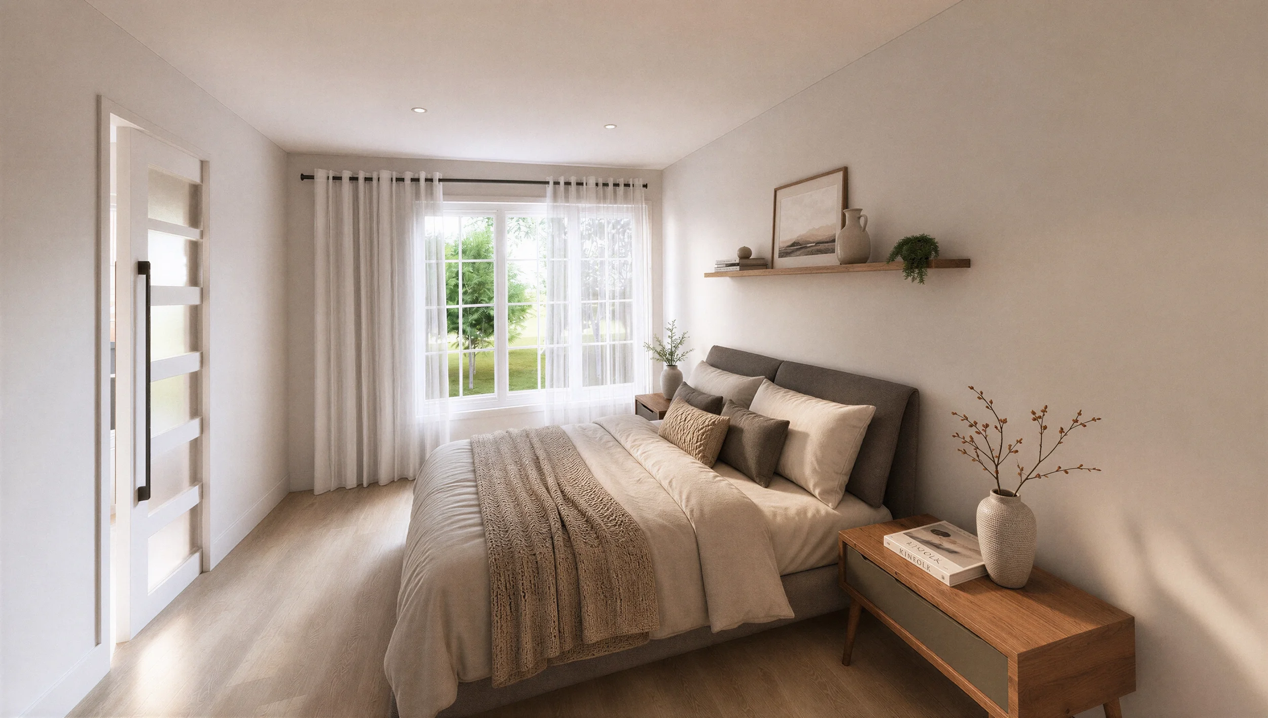 Chambre au rez-de-chaussée avec murs beige clair, lit double, rideaux légers et étagère murale en bois.