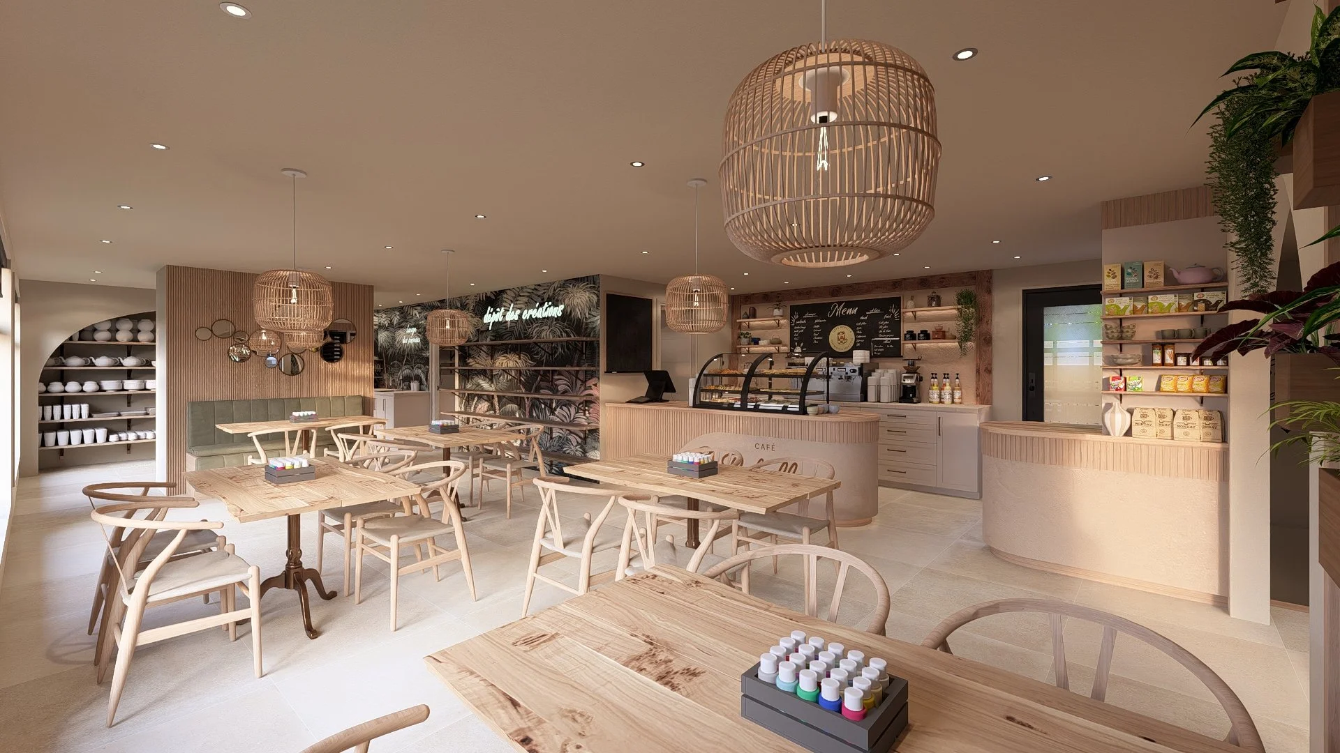 Intérieur lumineux de café au style scandinave, avec mobilier en bois clair, luminaires en fibres naturelles et comptoir central dans une ambiance chaleureuse et conviviale.