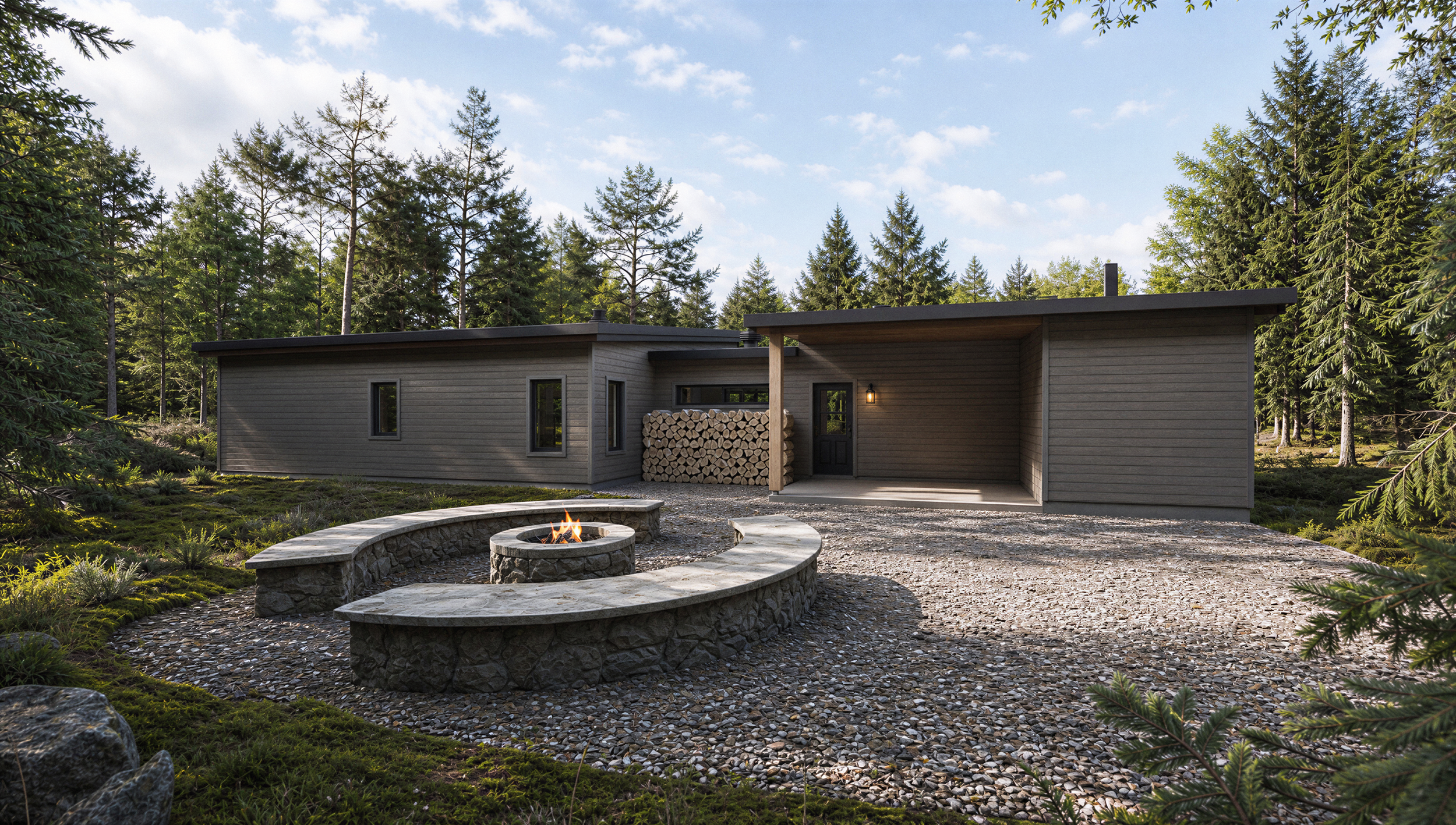 Vue arrière de la maison A72DL avec terrasse couverte, rangement pour le bois et foyer extérieur.