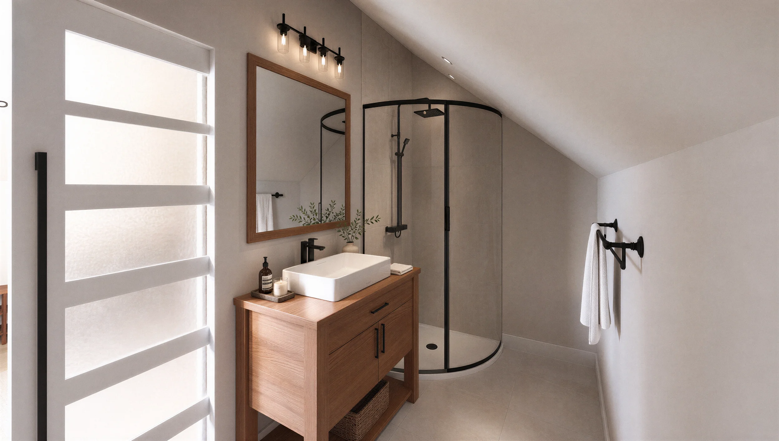 Salle de bain du loft avec douche vitrée arrondie, meuble-lavabo en bois, miroir encadré et éclairage mural.