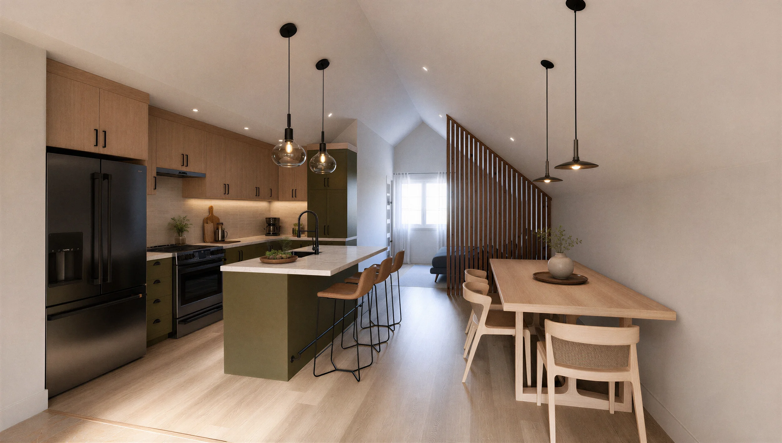 Espace loft ouvert avec cuisine, îlot central, salle à manger en bois et garde-corps à lattes verticales.