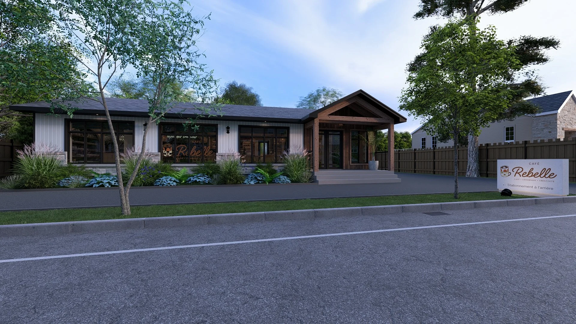 Façade contemporaine d’un café au style chaleureux, combinant revêtement clair, pierre et structure en bois, avec aménagement paysager et grandes fenêtres lumineuses.