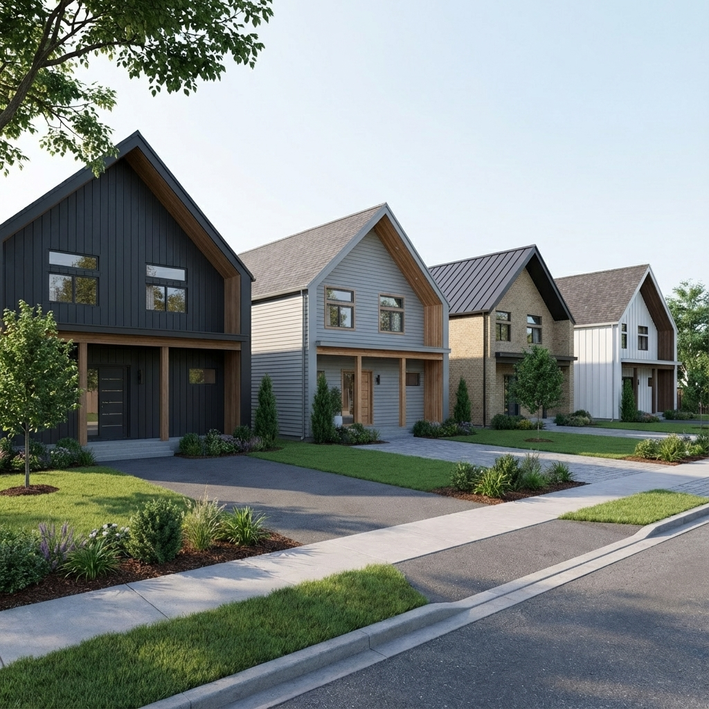 Rangée de maisons neuves de style scandinave moderne et farmhouse dans un nouveau développement résidentiel.