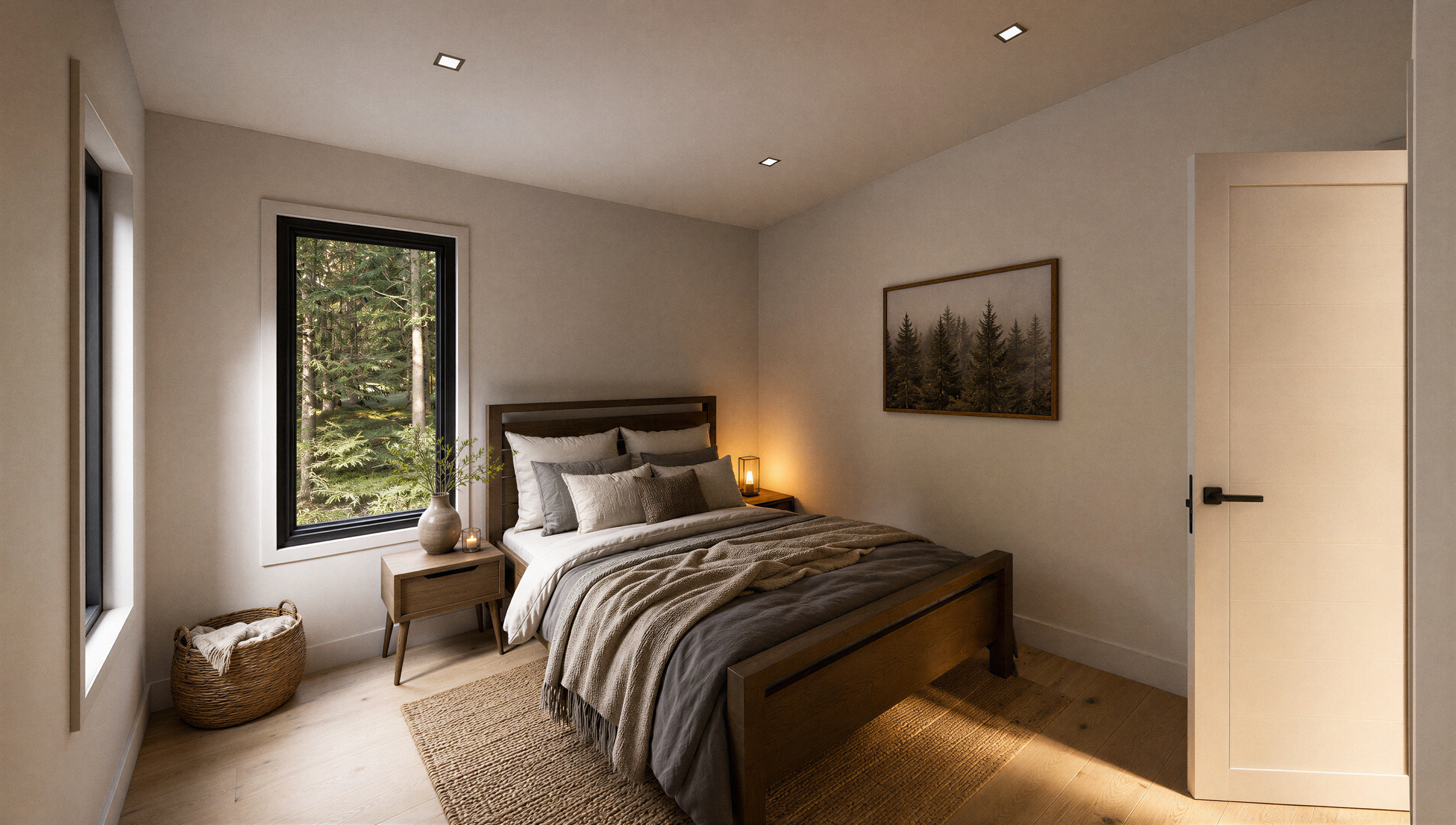 Chambre du modèle A72DL avec lit en bois foncé et grande fenêtre donnant sur la forêt.