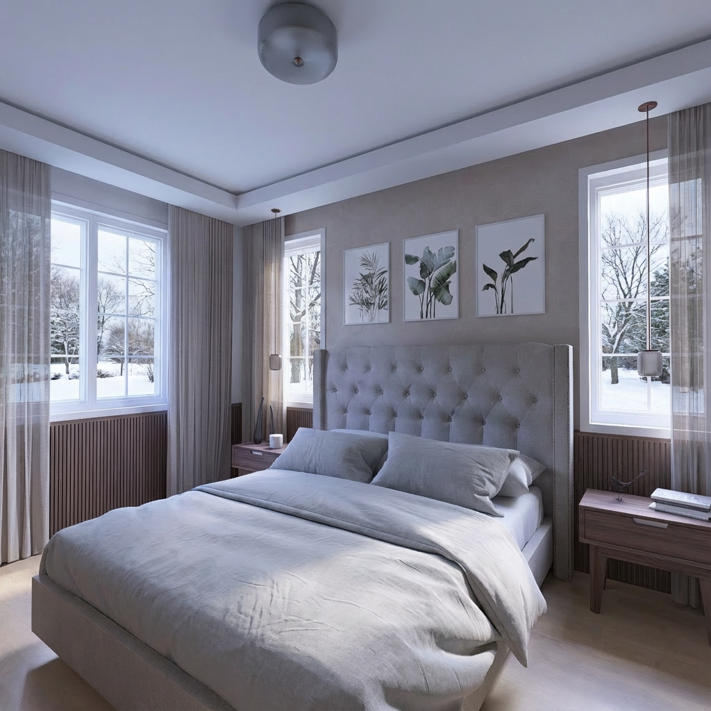 Une chambre à coucher avec un lit à tête rembourrée, deux tables de chevet en bois, des tableaux de plantes au mur, et des fenêtres laissant passer la lumière naturelle avec un paysage enneigé extérieur.