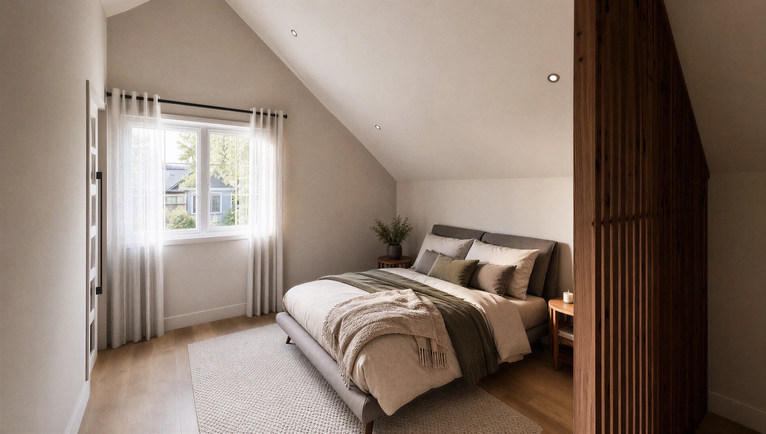 Chambre mansardée avec plafond incliné, lit double, rangement en bois intégré et fenêtre donnant sur le voisinage.