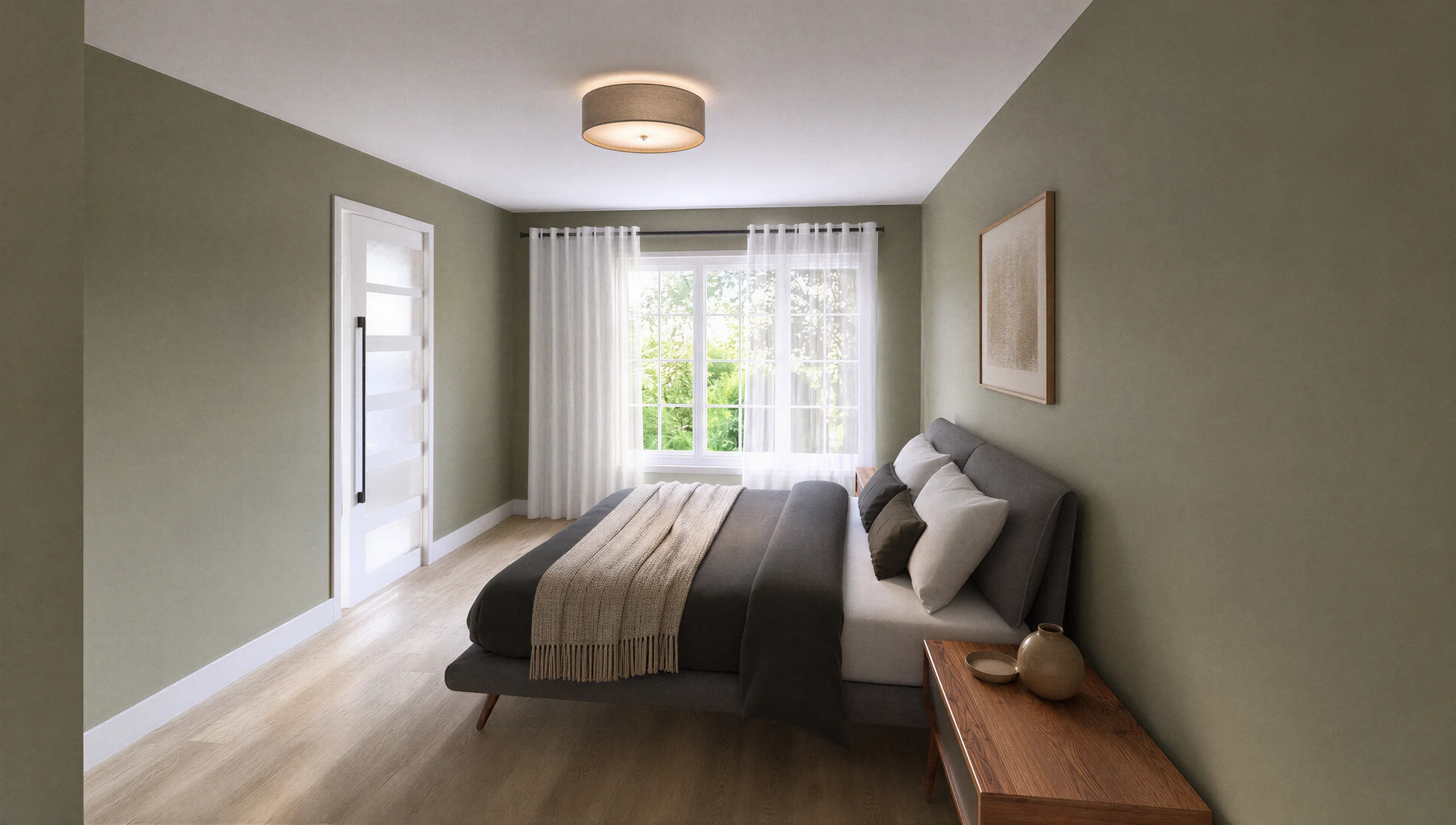 Chambre à l'étage aux murs vert sauge, lit contemporain, grande fenêtre lumineuse et mobilier en bois chaleureux.