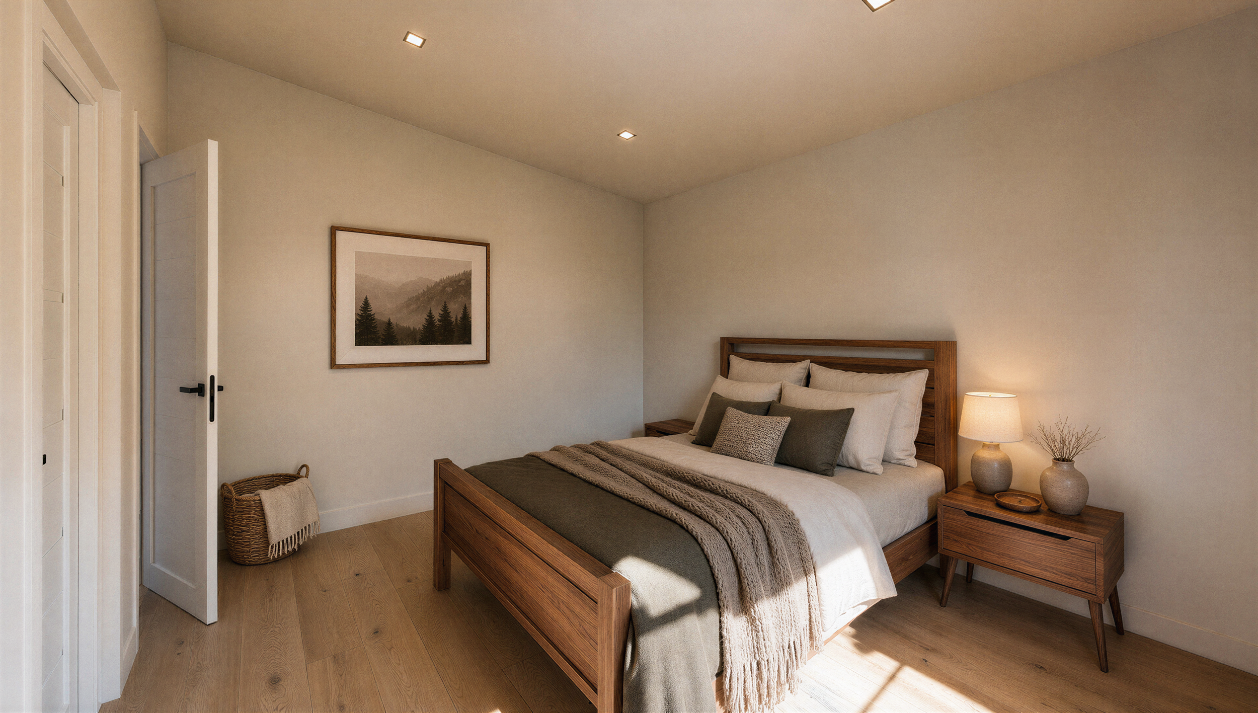 Chambre avec lit en bois naturel, plancher de bois clair et décoration aux tons neutres.