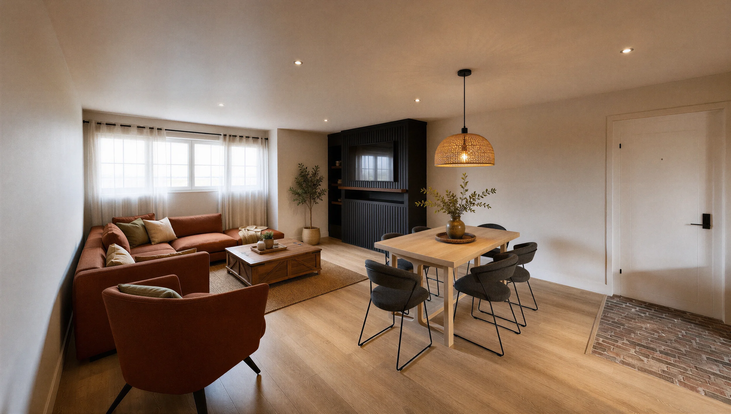 Aire ouverte à l'étage combinant salon et salle à manger, avec canapé terracotta, meuble télé noir et éclairage chaleureux.