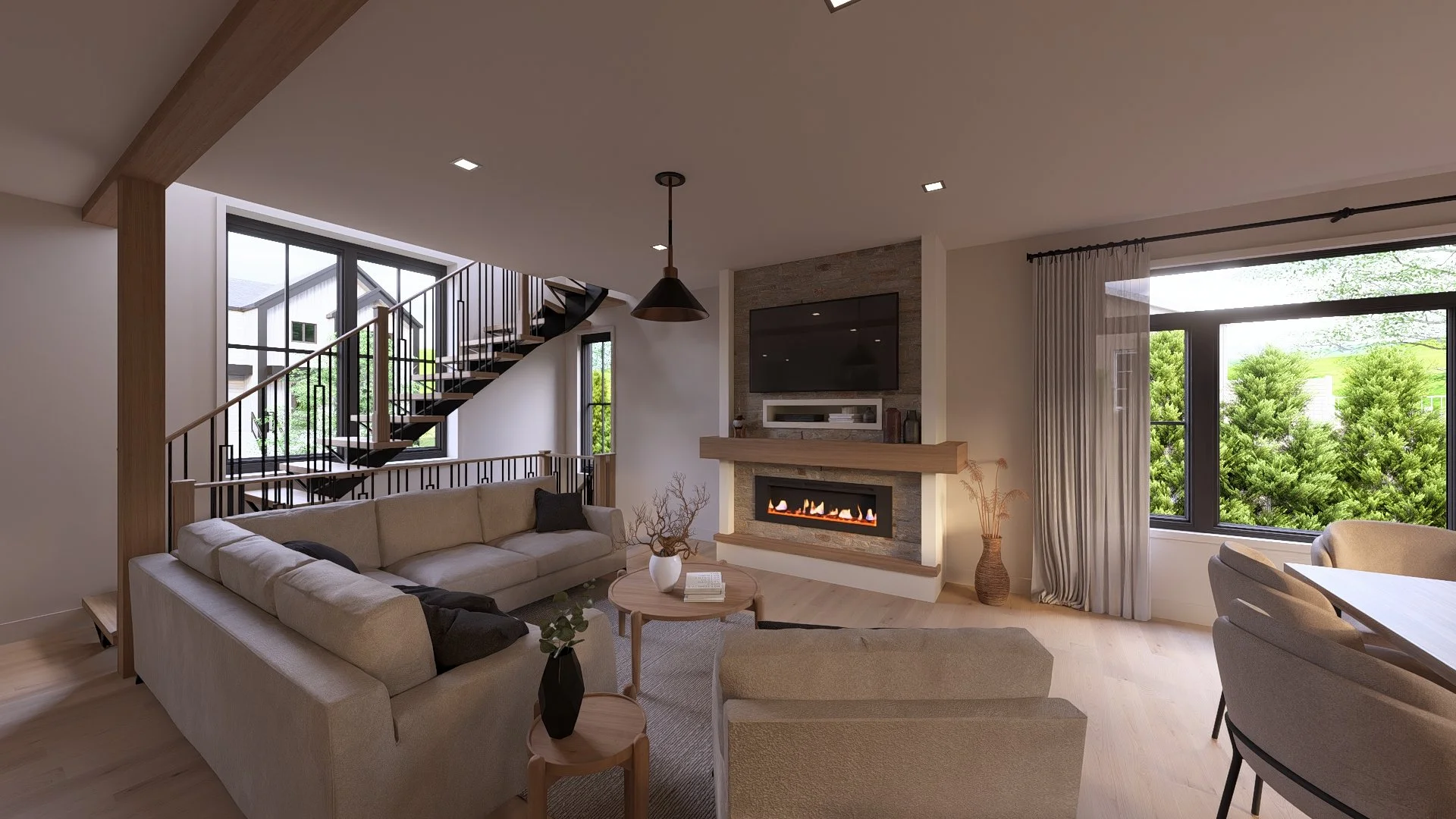 Salon lumineux au style contemporain avec foyer au gaz en pierre, escalier métallique moderne, grandes fenêtres et mobilier aux tons neutres et chaleureux.