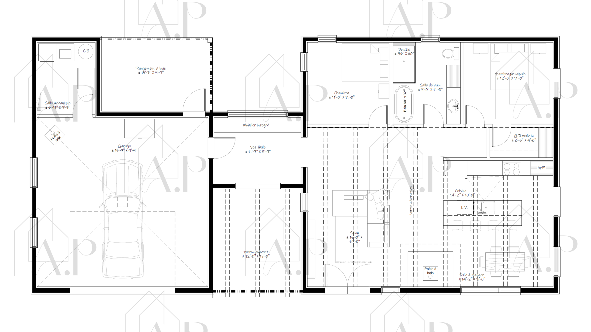 Plan du rez-de-chaussée de la maison A72DL montrant le garage et la disposition des pièces.