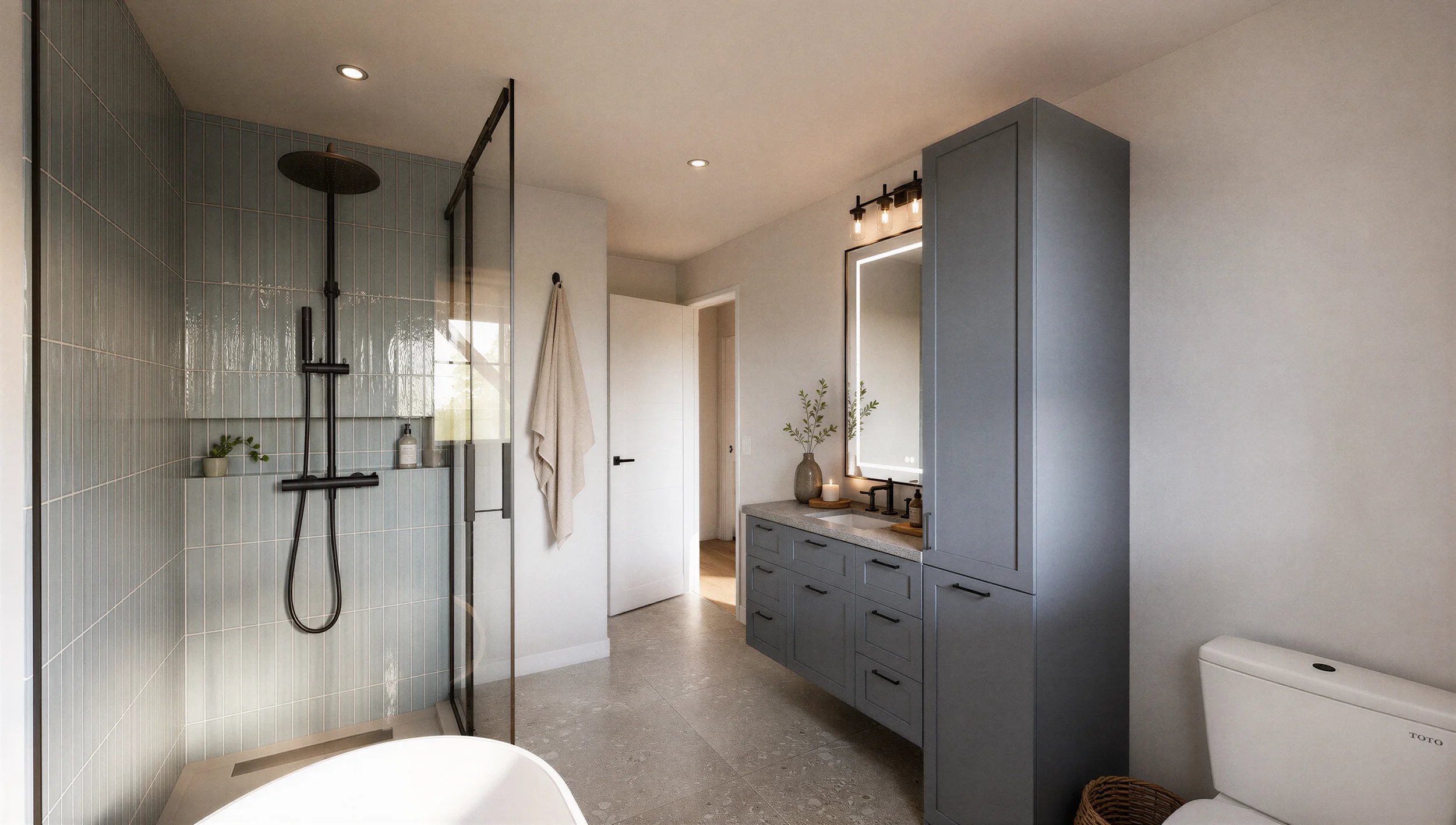 Salle de bain du rez-de-chaussée avec douche vitrée, baignoire, meuble-lavabo gris et détails noirs mats.