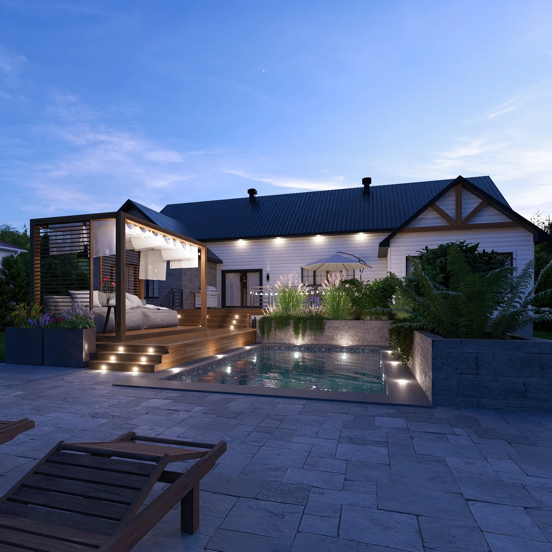 maison en bois avec piscine éclairée la nuit, espace extérieur avec chaises longues, végétation et éclairage outdoor