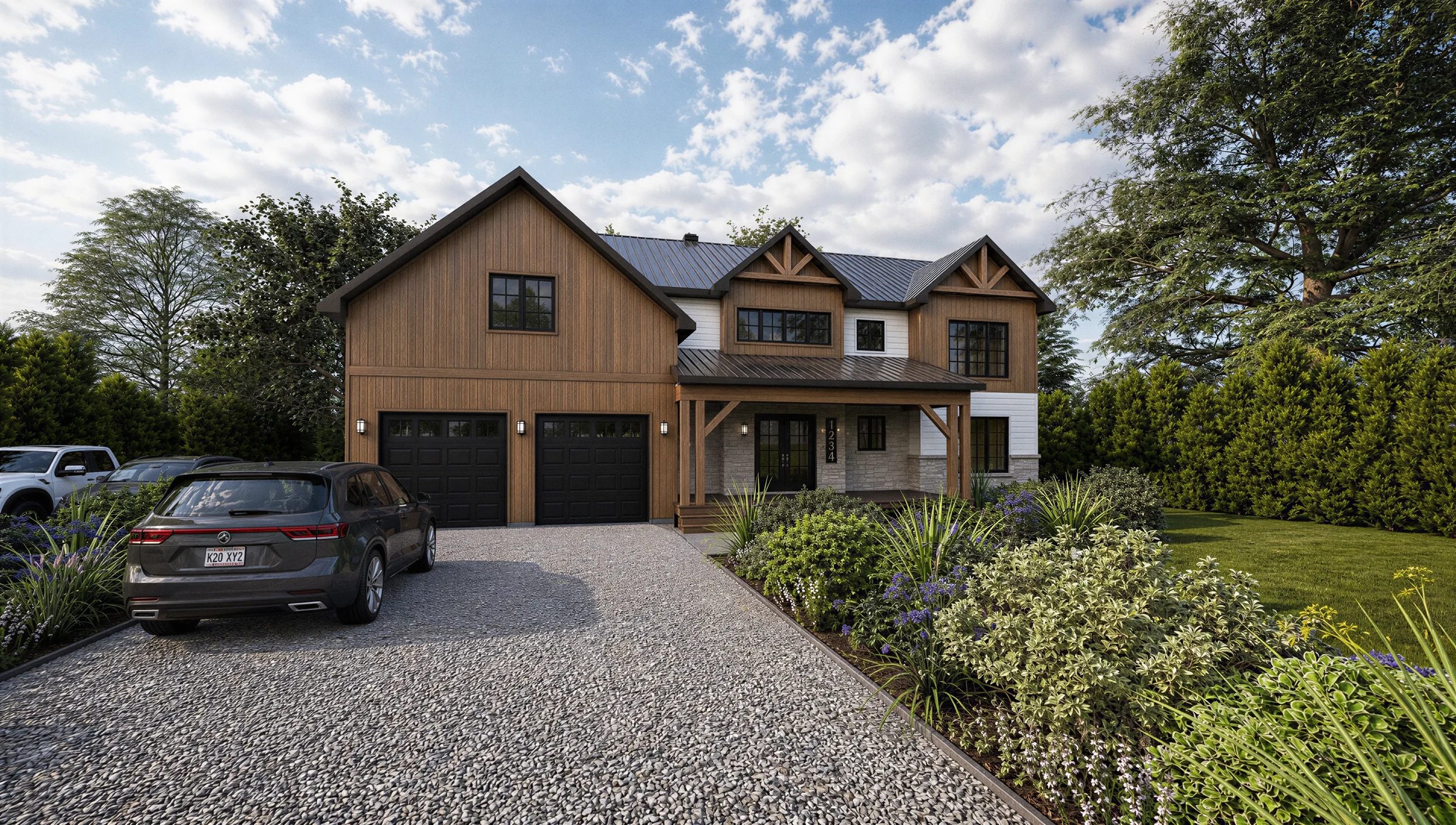 Vue avant d'une maison moderne de style farmhouse, avec revêtement de bois et blanc, toit métallique noir, garage double et aménagement paysager soigné.
