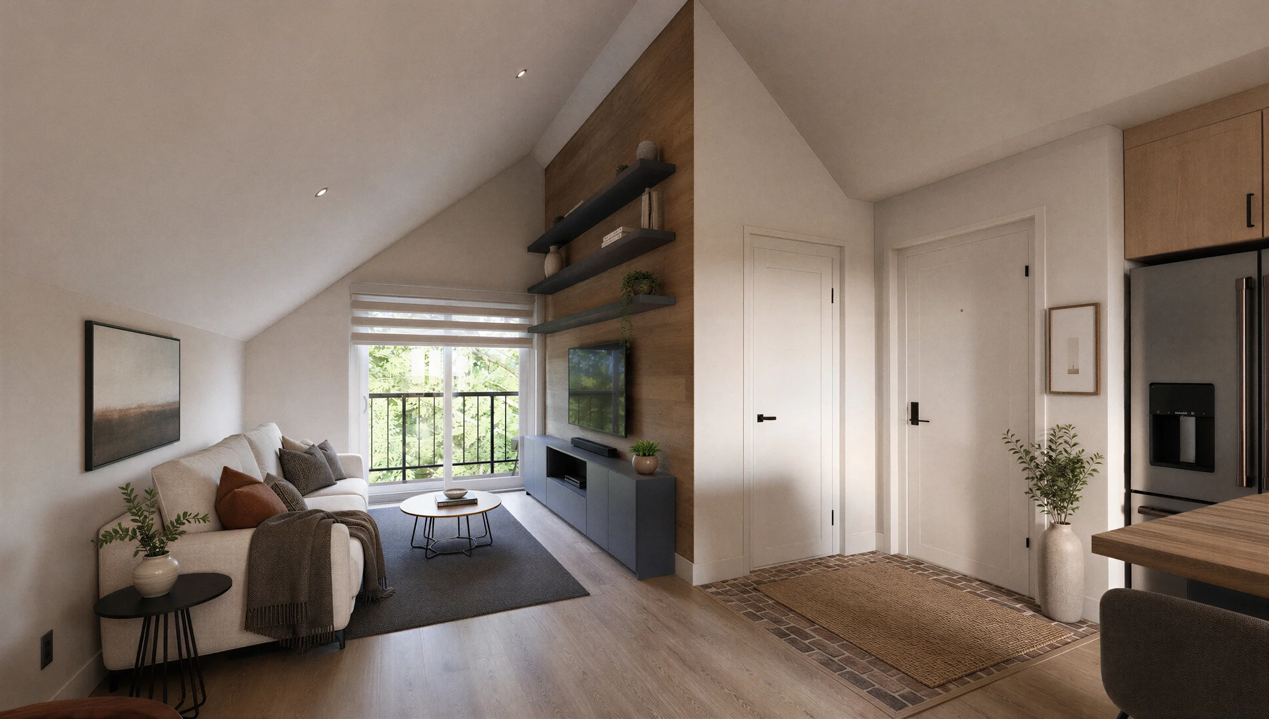 Salon du loft avec canapé, meuble télé en bois, mur accent en bois et accès à un balcon.