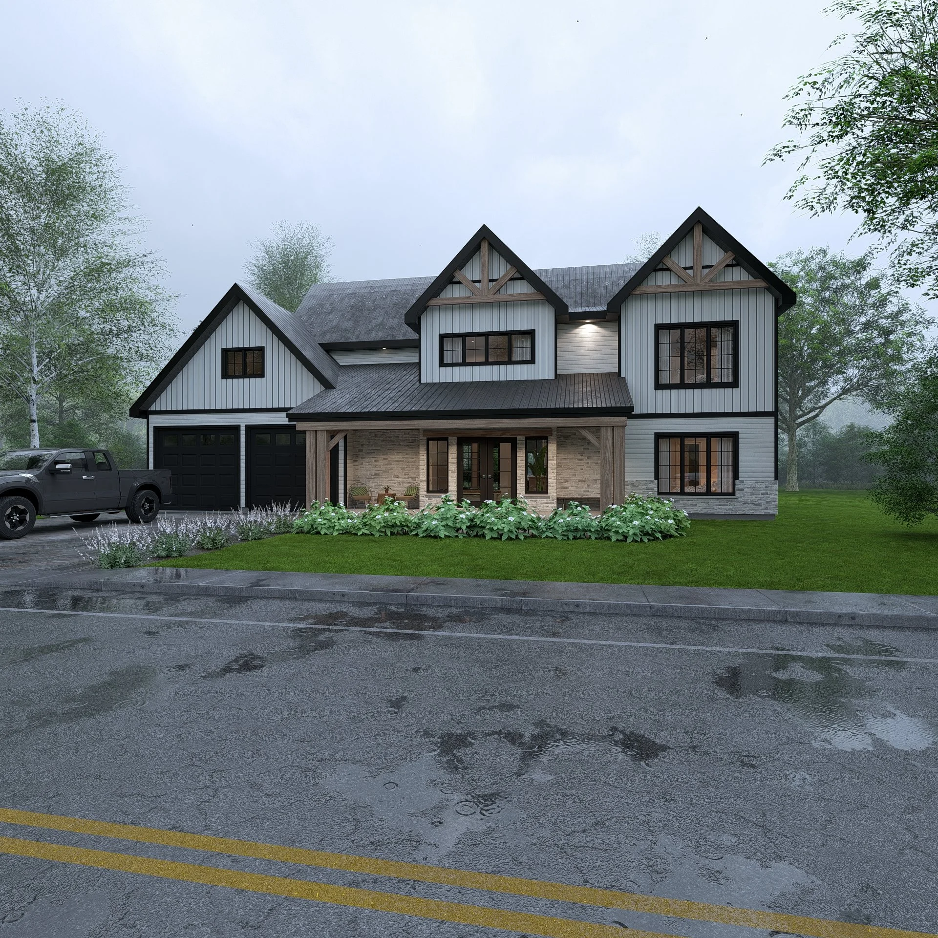 Maison moderne avec façade en bois et pierre, deux étages, garage double, pelouse et arbres environnants, temps pluvieux.