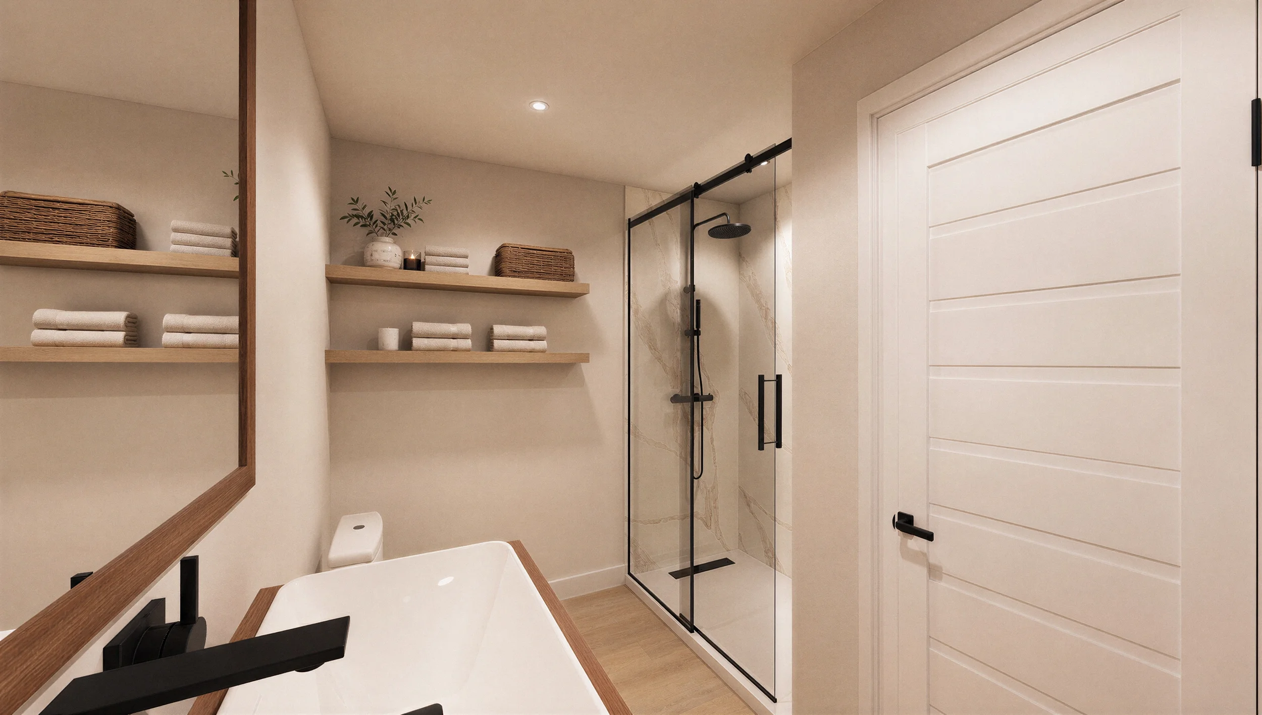 Salle de bain du sous-sol avec douche vitrée, baignoire blanche, étagères ouvertes et finition contemporaine.