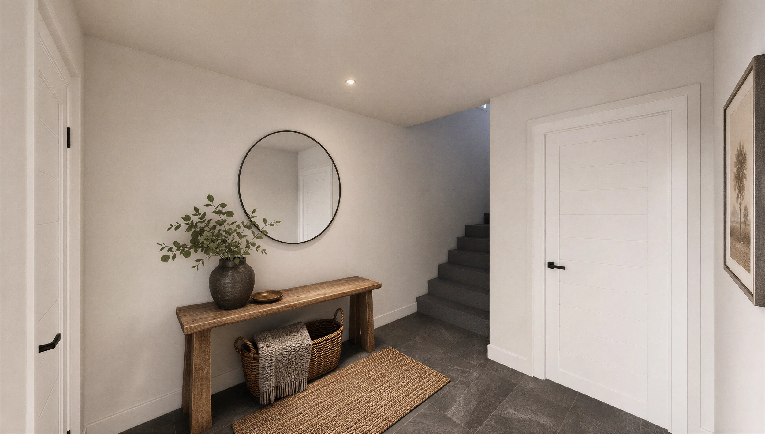 Entrée de l'étage avec console en bois, miroir rond, panier décoratif et escalier aux marches foncées.
