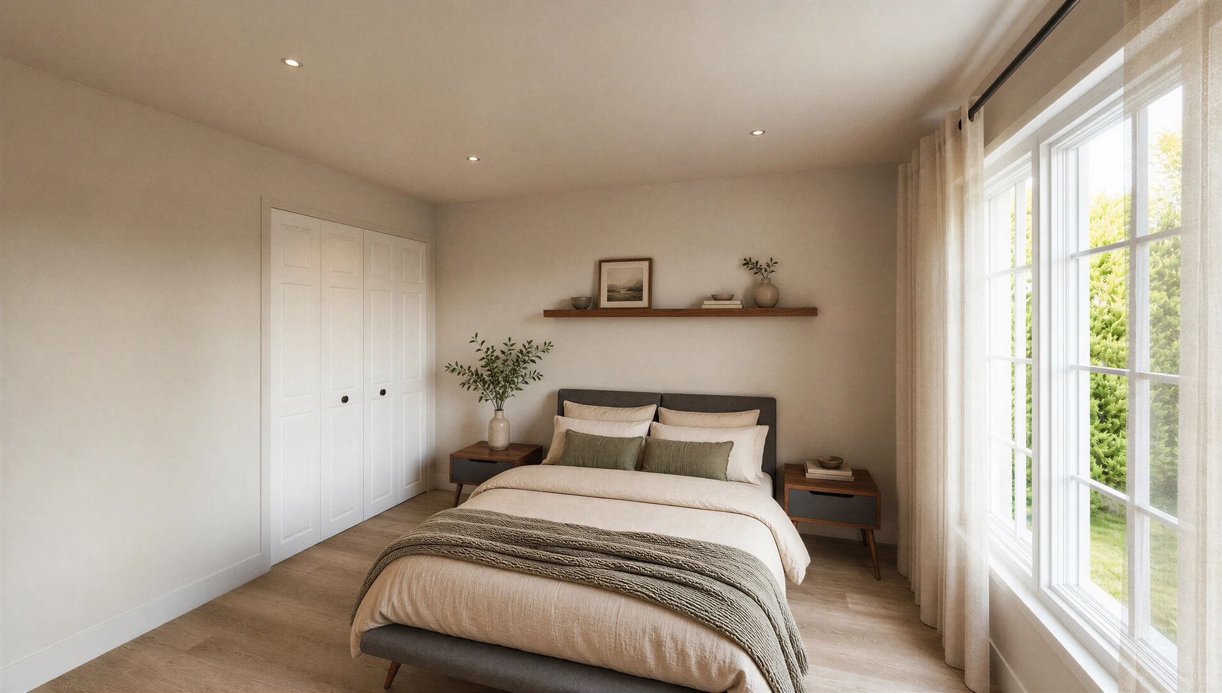 Deuxième chambre au rez-de-chaussée avec lit double, mobilier en bois, murs neutres et grande fenêtre.