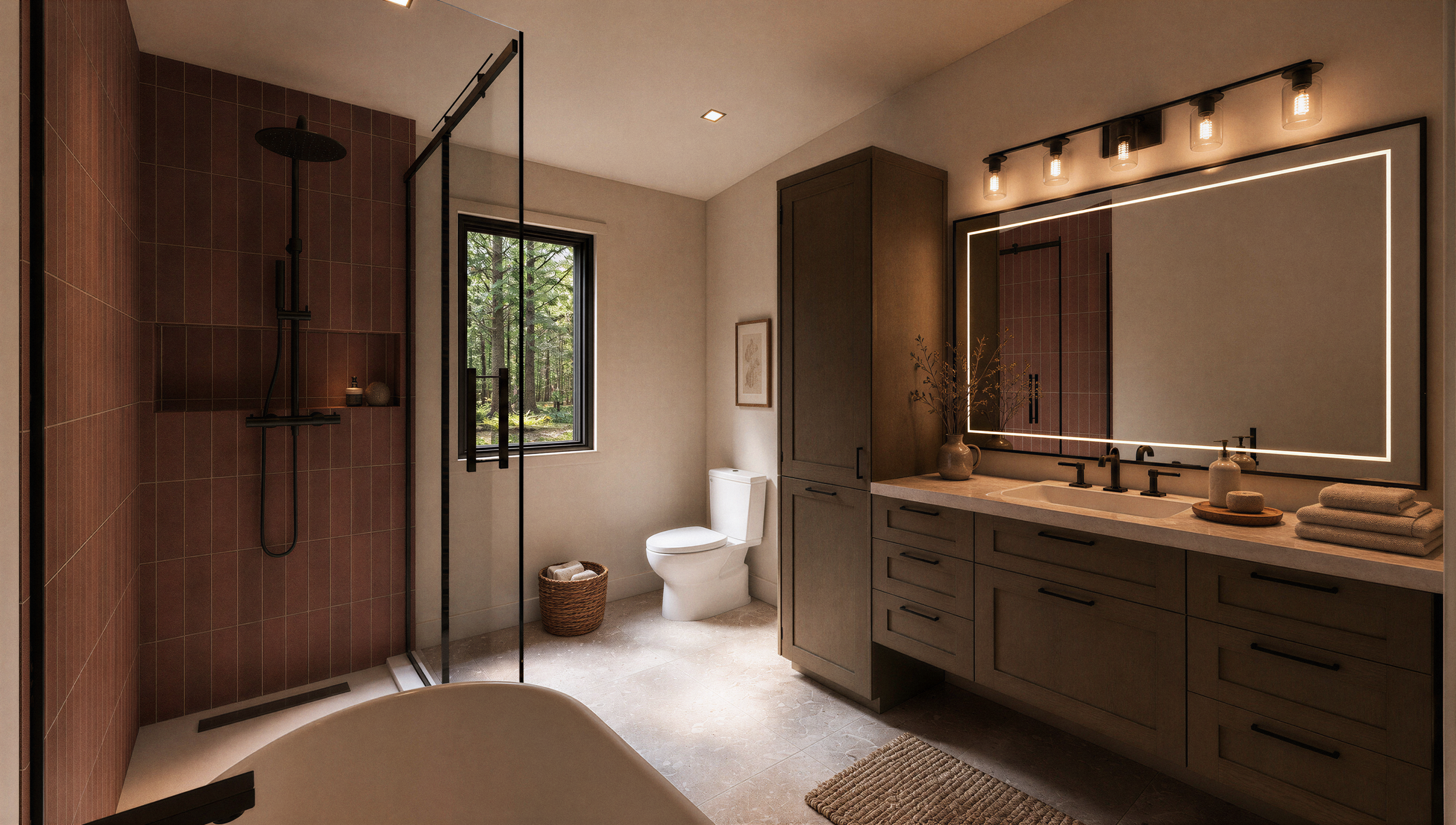Salle de bain avec douche vitrée, baignoire, vanité foncée et grande armoire de rangement.
