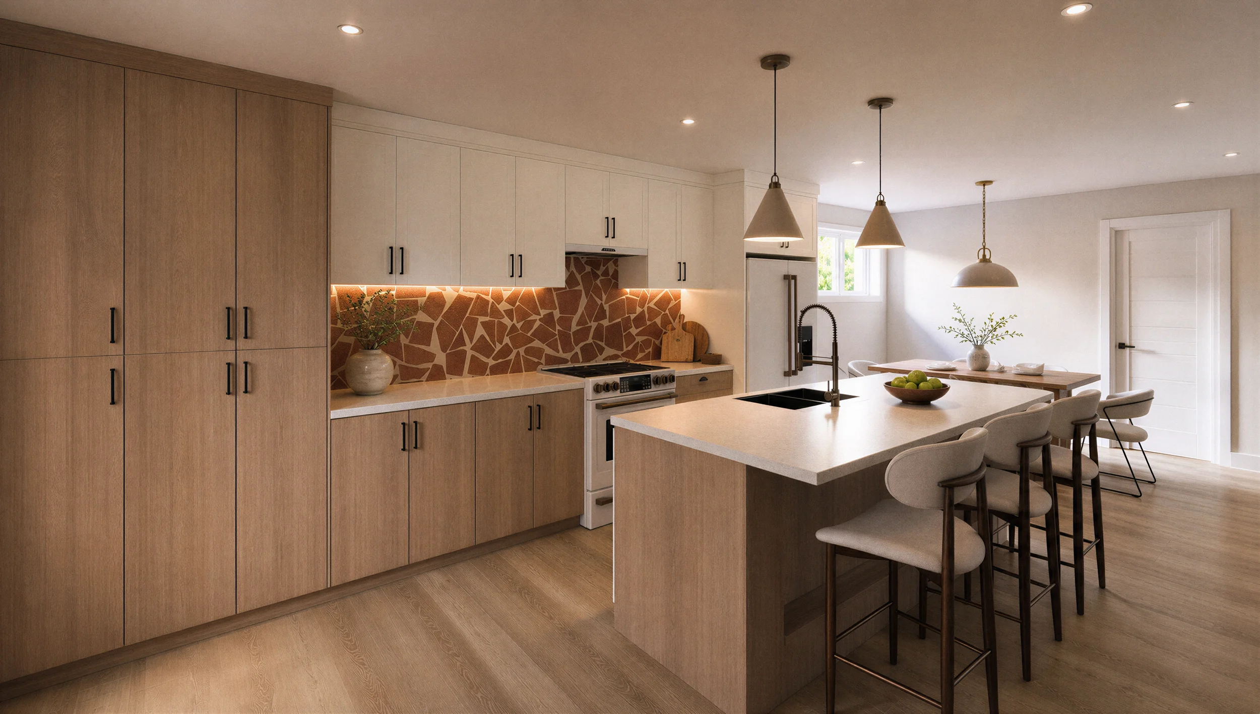 Cuisine du sous-sol avec armoires claires, îlot central, dosseret décoratif et espace repas convivial.