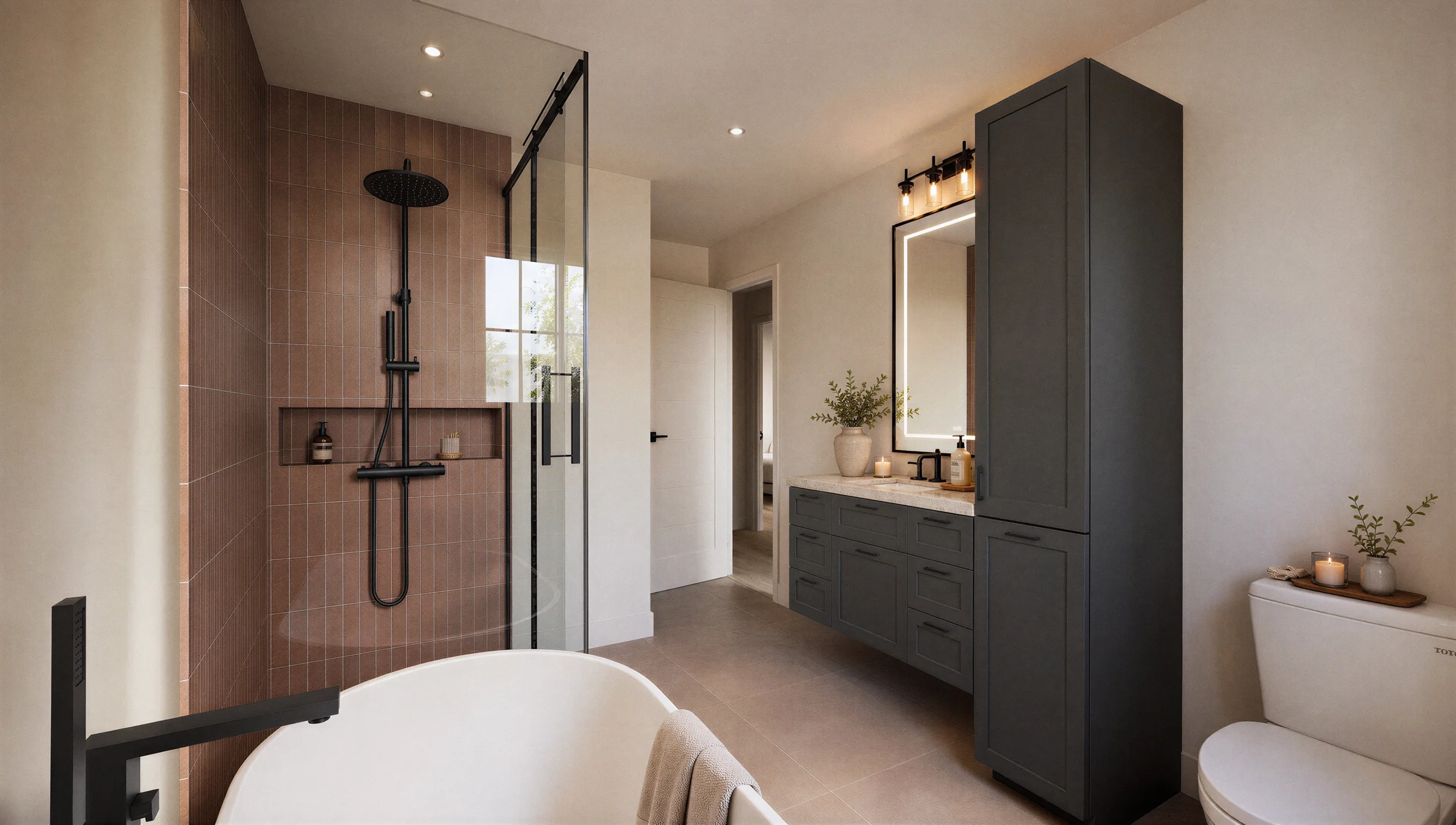 Salle de bain à l'étage avec douche vitrée, baignoire, carrelage rose terre cuite et meuble-lavabo noir.