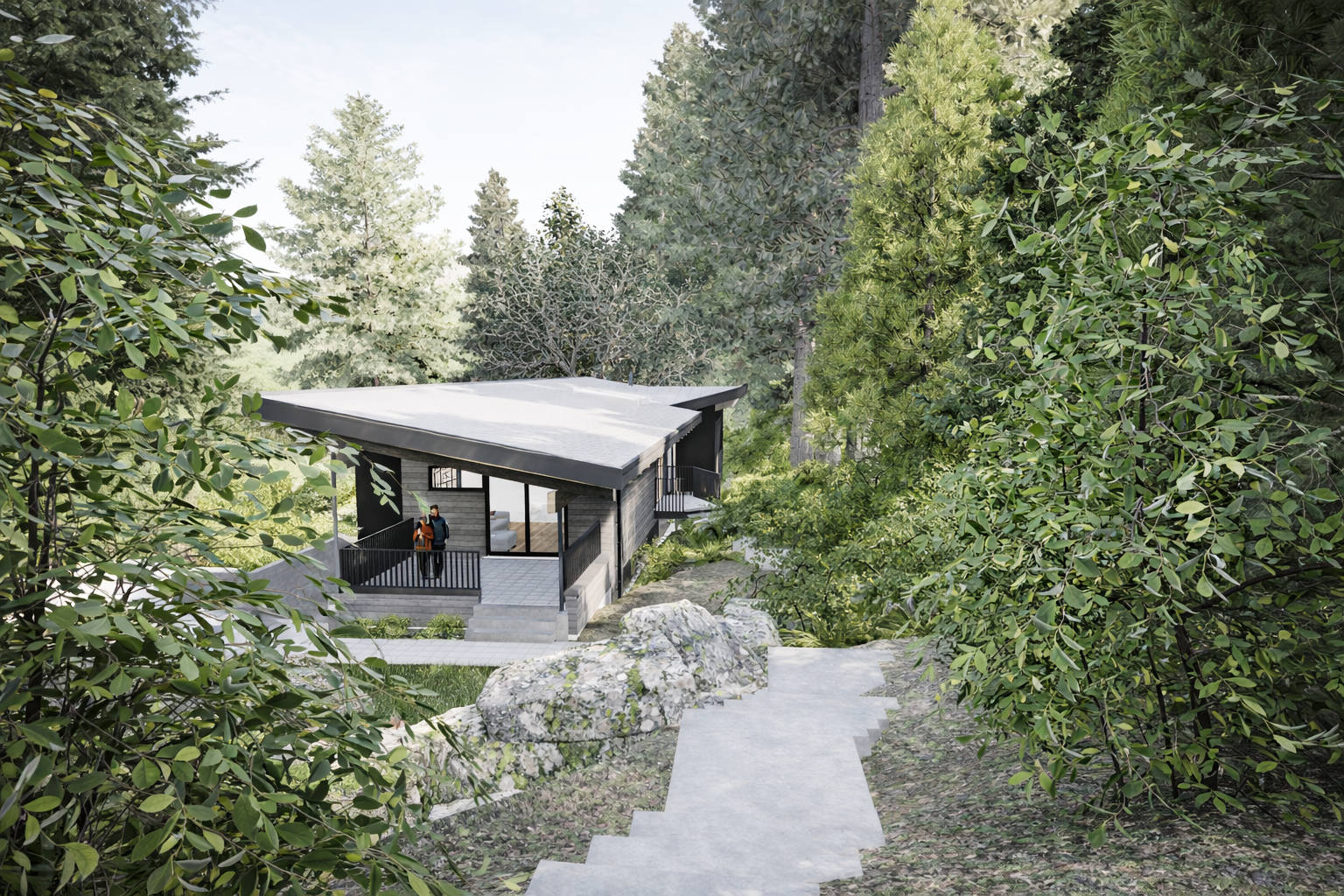 Contemporary West coast modern hillside home with natural materials, exposed timber, large windows in Lions Bay, BC. Wooded entrance pathway reveals the simple roof form and massing.