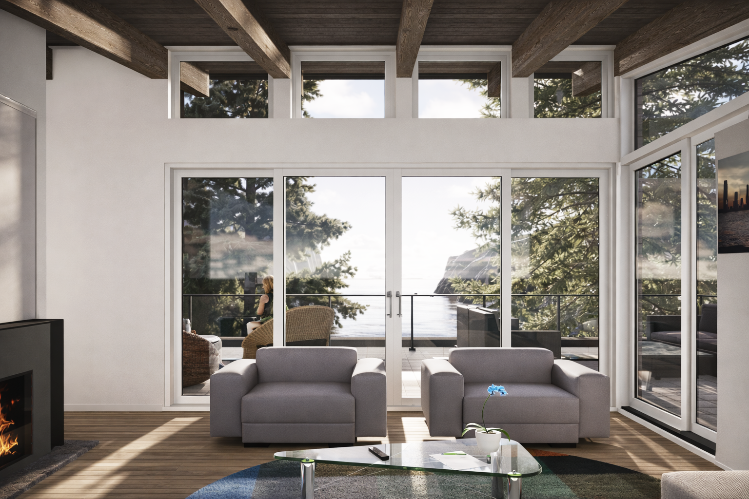 Contemporary West coast modern hillside home with natural materials, exposed timber, large windows in Lions Bay, BC. Living room opens onto terrace with views of Howe Sound and Gambier Island.