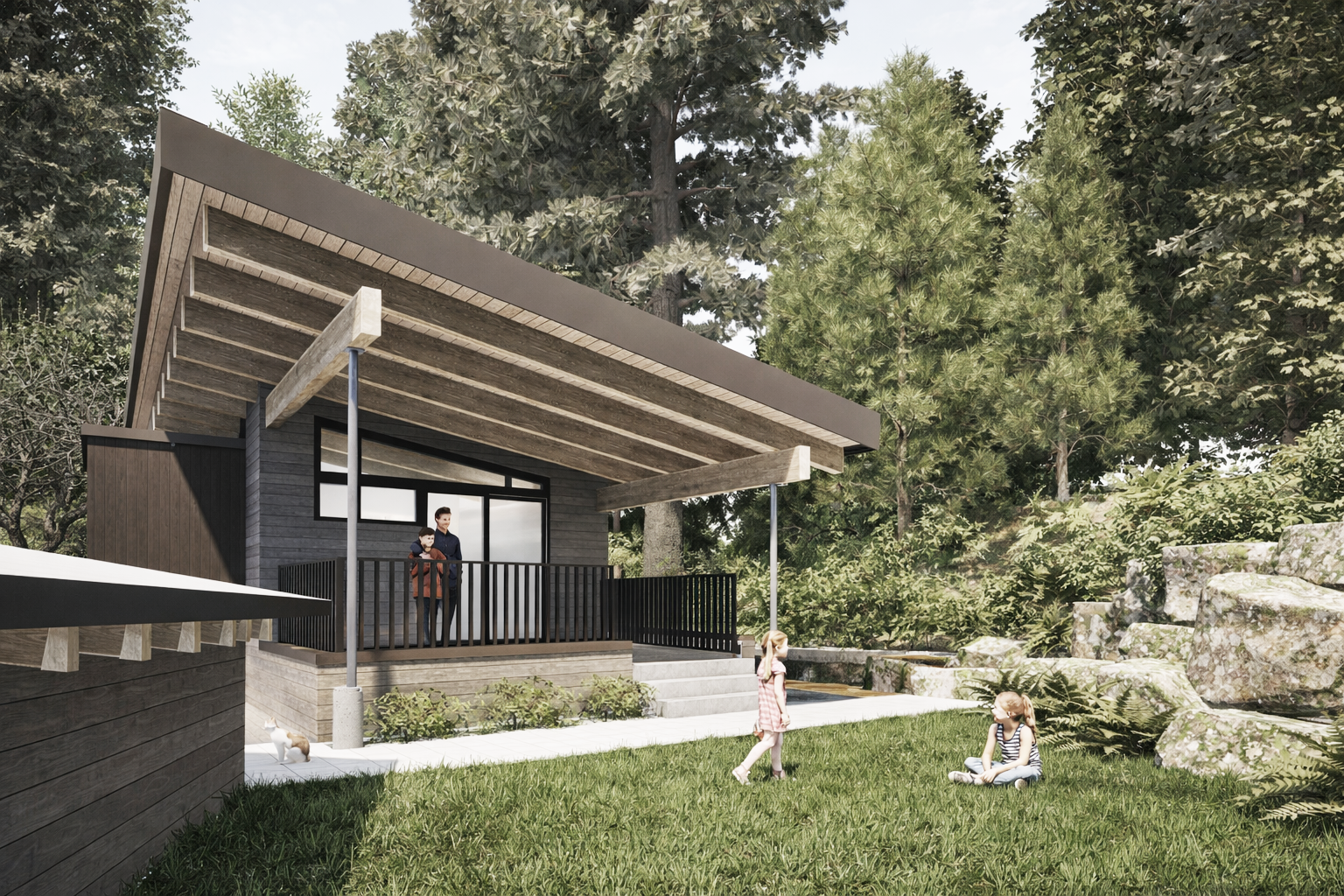 Contemporary West coast modern hillside home with natural materials, exposed timber, large windows in Lions Bay, BC. Dramatic roofline with covered outdoor patio that opens onto private yard.